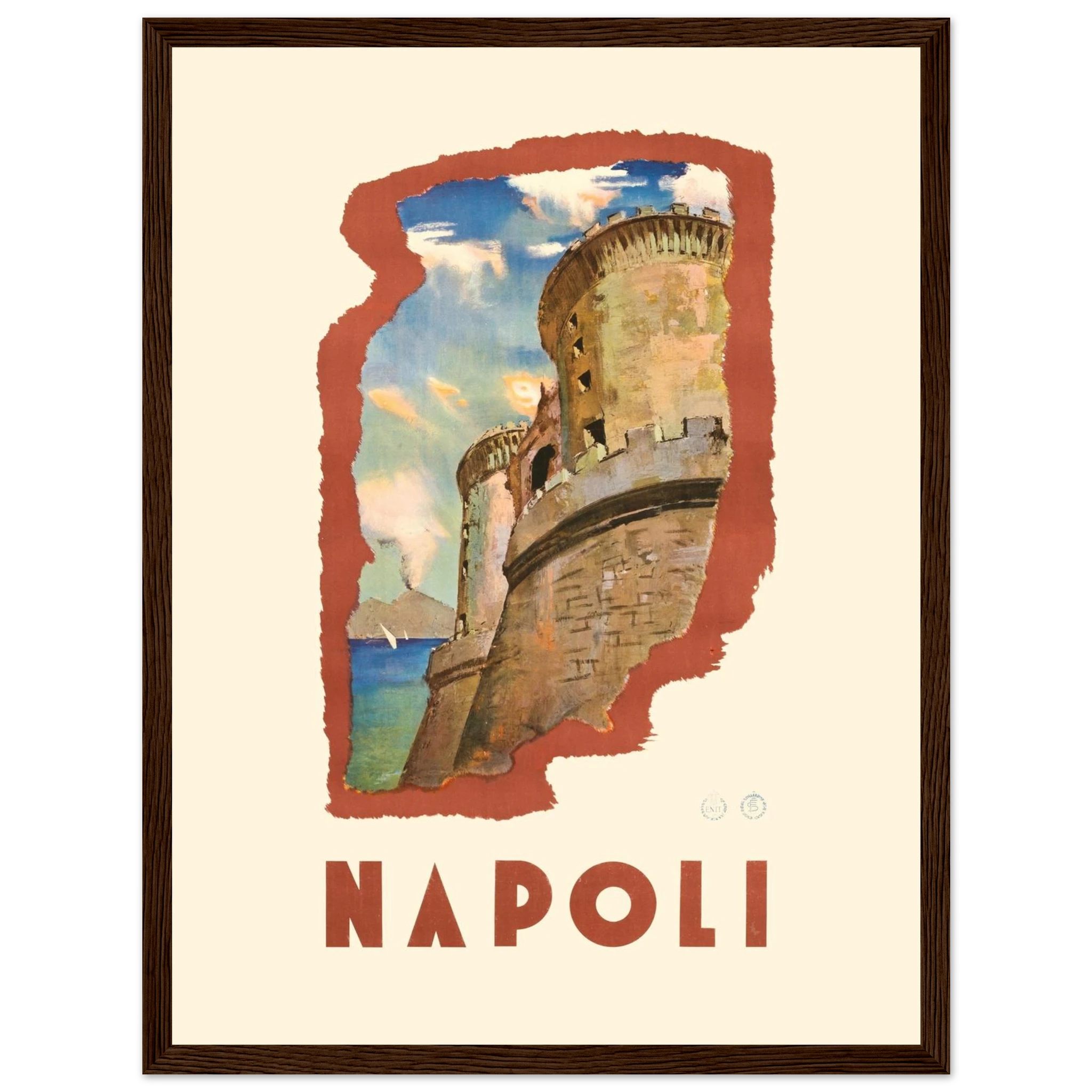 Italian vintage travel poster of Napoli’s Castel Nuovo, blending rich color, history, and classic Mediterranean elegance.