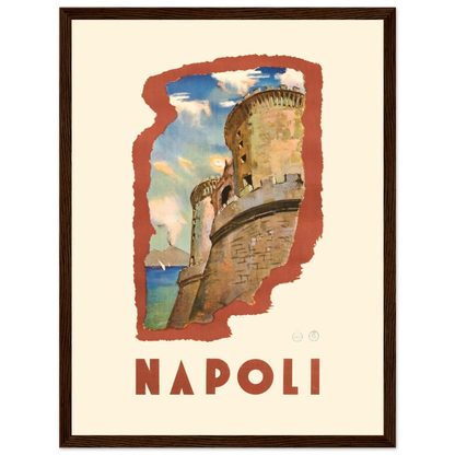 Italian vintage travel poster of Napoli’s Castel Nuovo, blending rich color, history, and classic Mediterranean elegance.