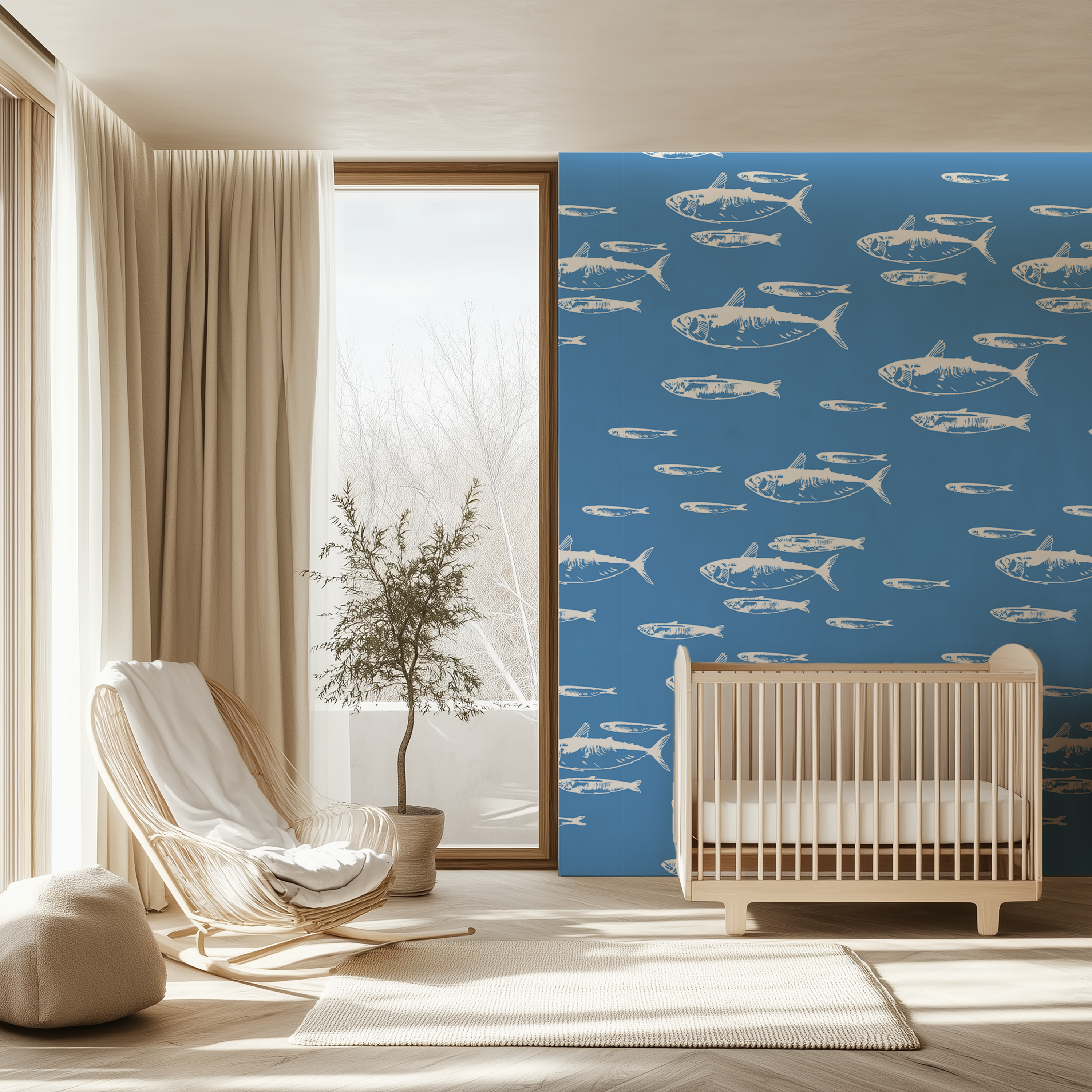 Nautical wallpaper, blue fish wallpaper, coastal home decor, Scandinavian wallpaper, custom wallpaper, peel and stick wallpaper