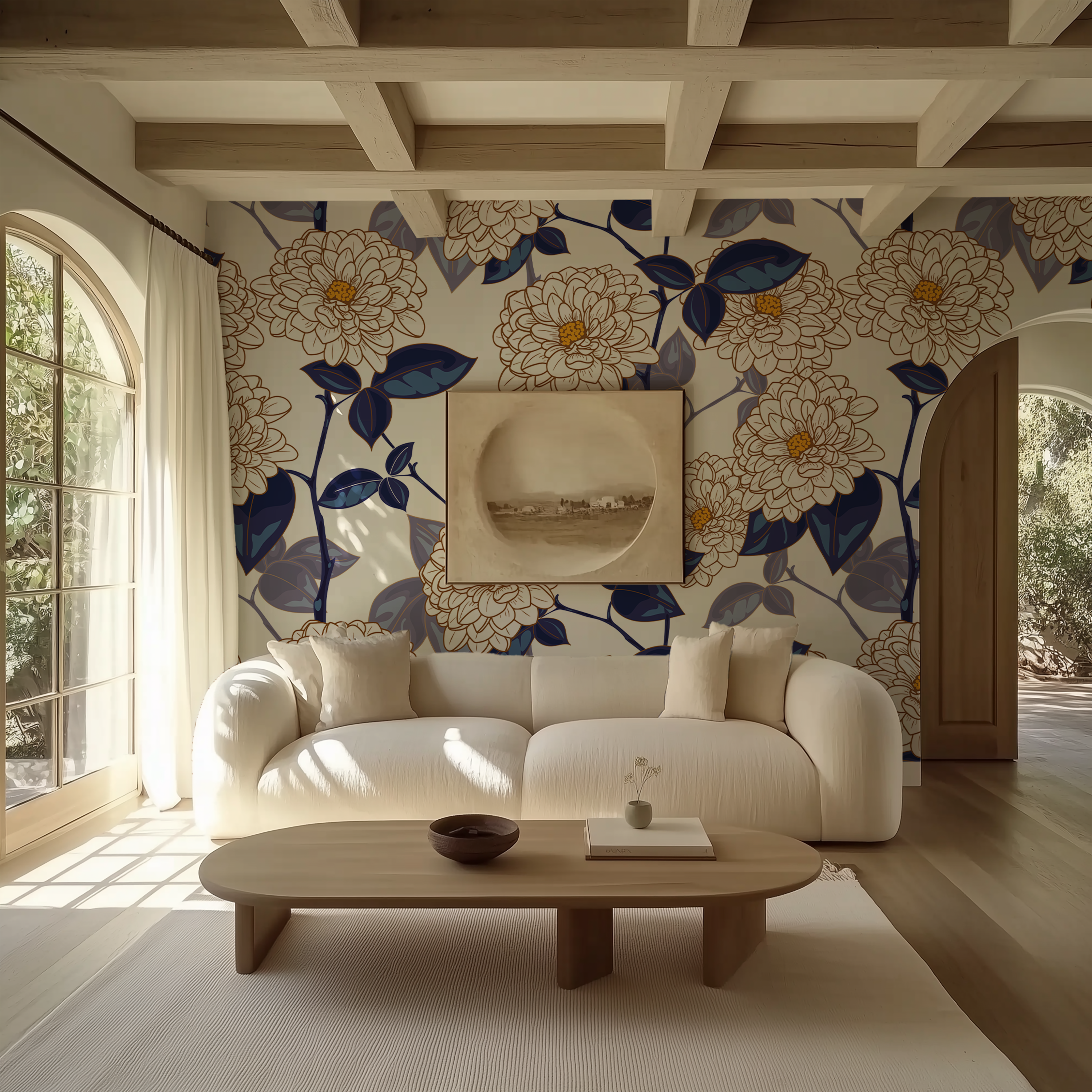 Navy and ivory flower wallpaper with elegant botanical pattern