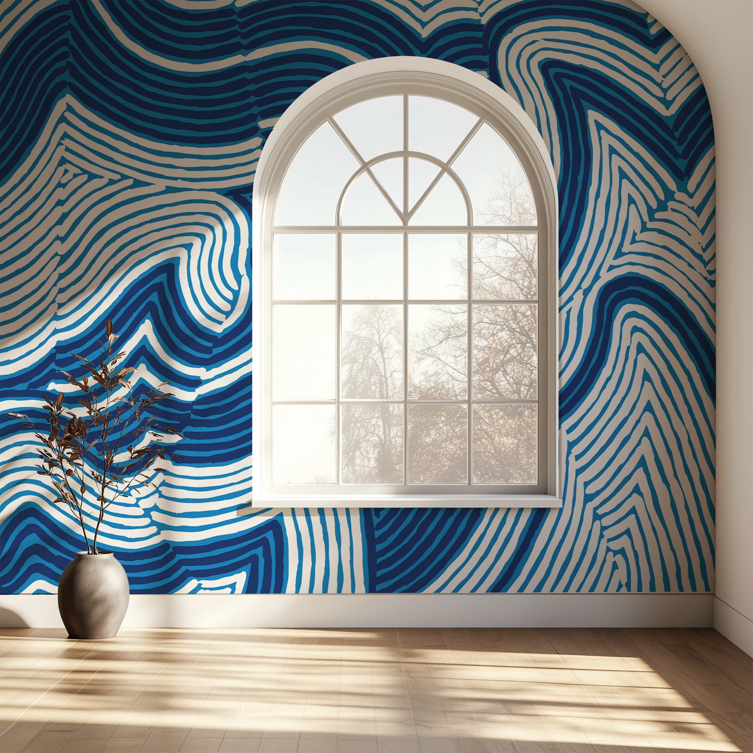 Navy topographic line wallpaper with layered blue and cream curves