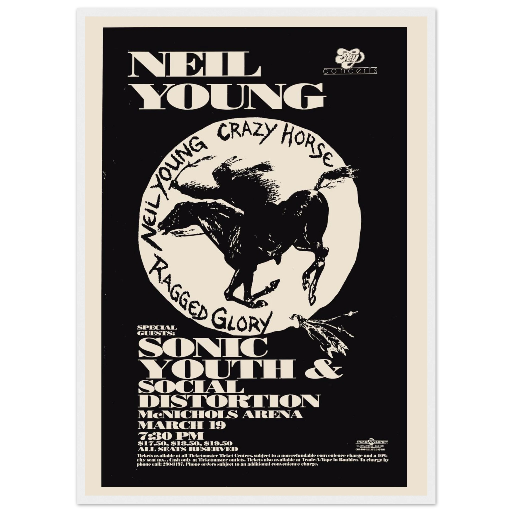 Classic rock poster featuring Neil Young in concert, a high-quality reproduction with vintage design and nostalgic appeal for collectors.