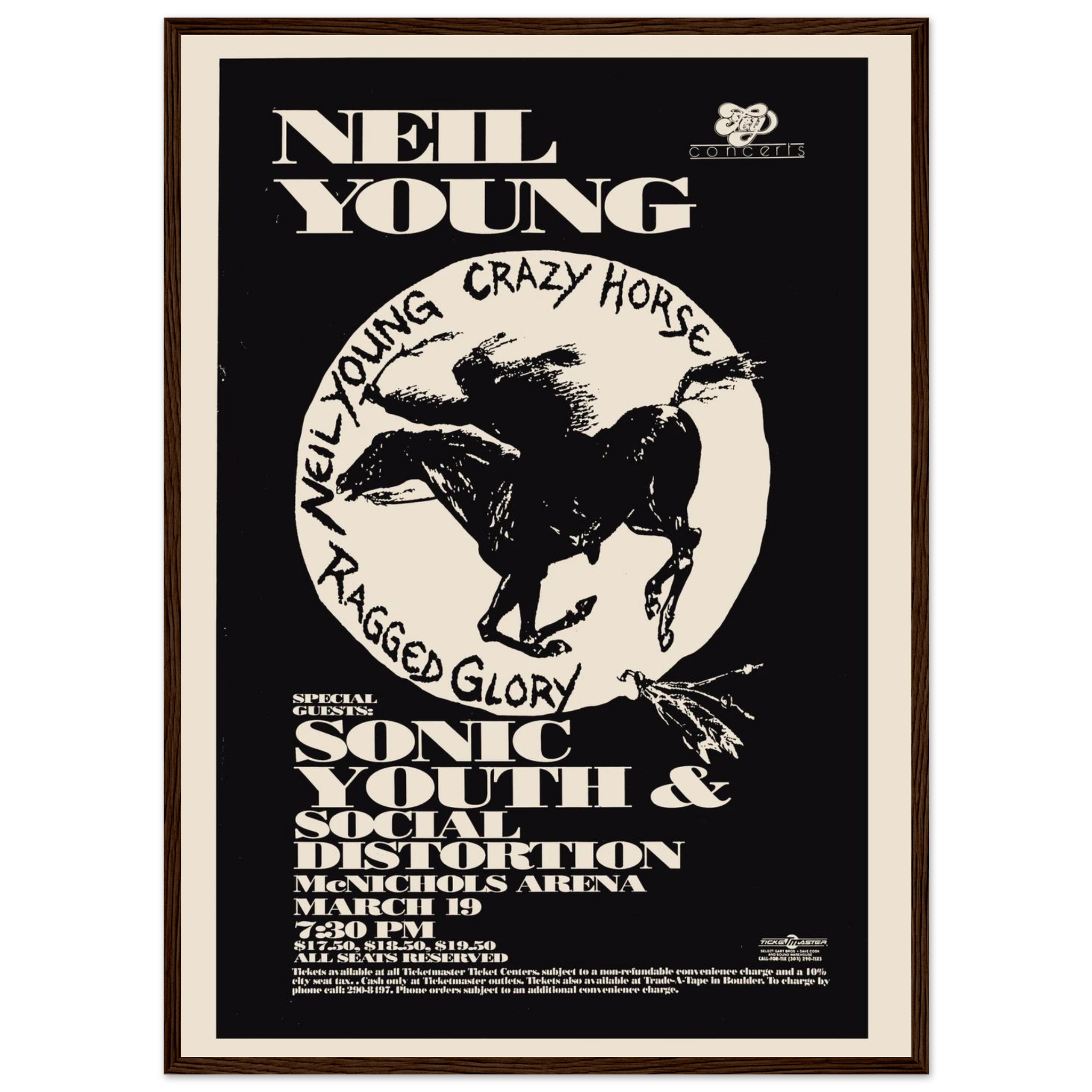 Folk-rock wall art print of Neil Young, celebrating his legendary live performances and authentic 1970s concert poster aesthetic.