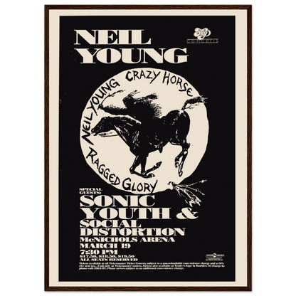 Folk-rock wall art print of Neil Young, celebrating his legendary live performances and authentic 1970s concert poster aesthetic.