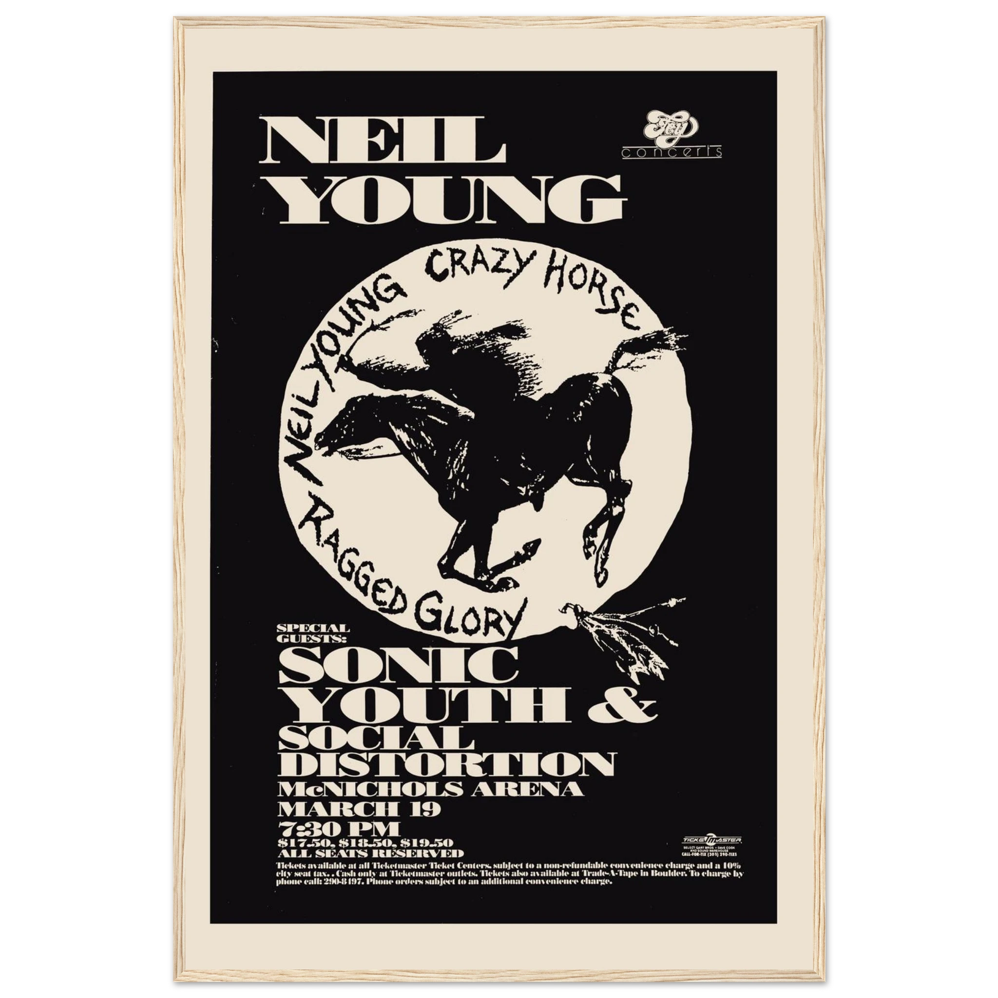 Reproduction of a vintage Neil Young live tour poster, ideal wall art for music lovers and collectors of classic concert memorabilia.