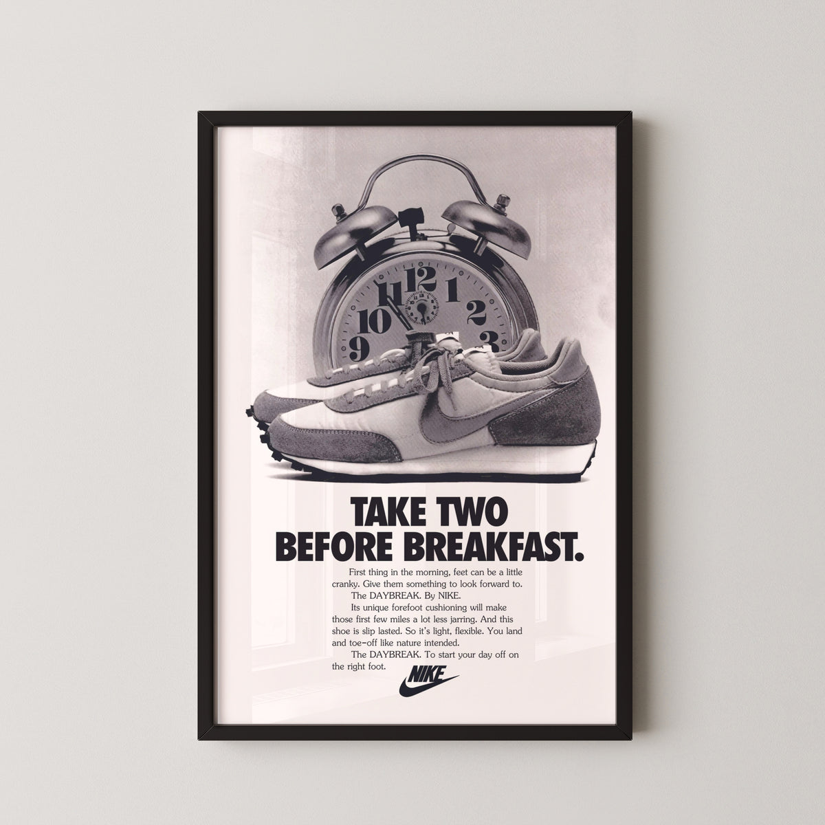 nike daybreak vintage advertisement poster – black frame mockup