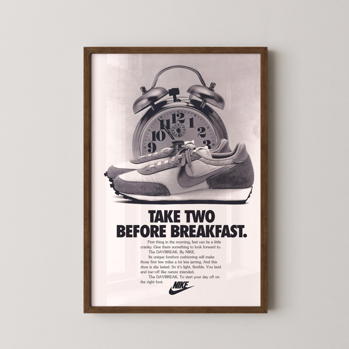 nike daybreak vintage advertisement poster – darkwood frame mockup