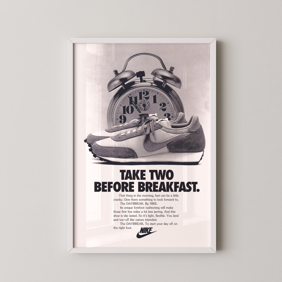 nike daybreak vintage advertisement poster – white frame mockup