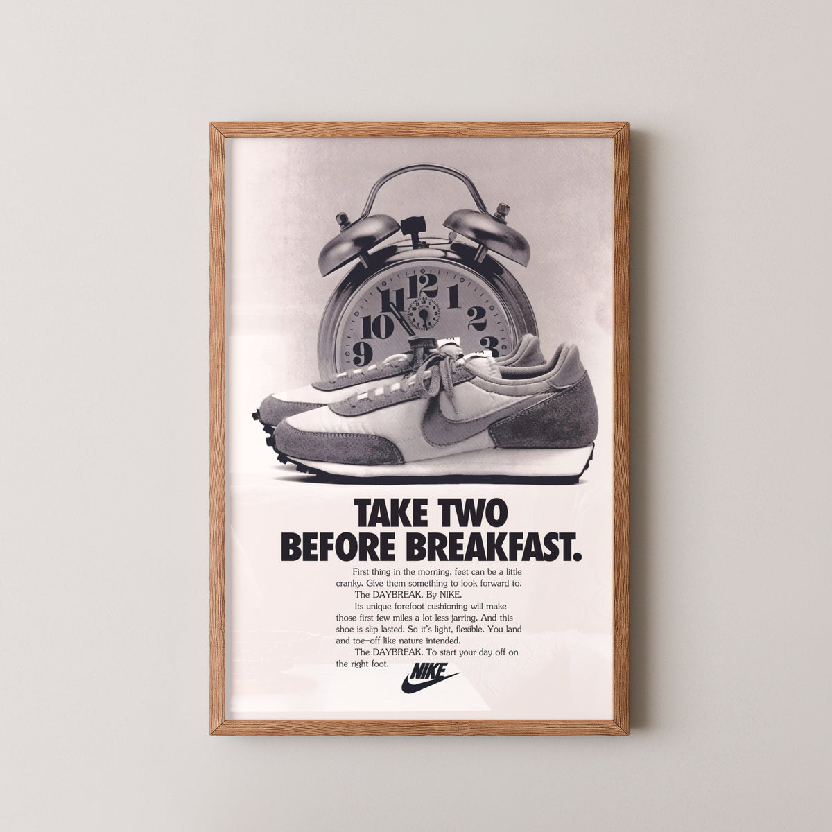 nike daybreak vintage advertisement poster – wood frame mockup