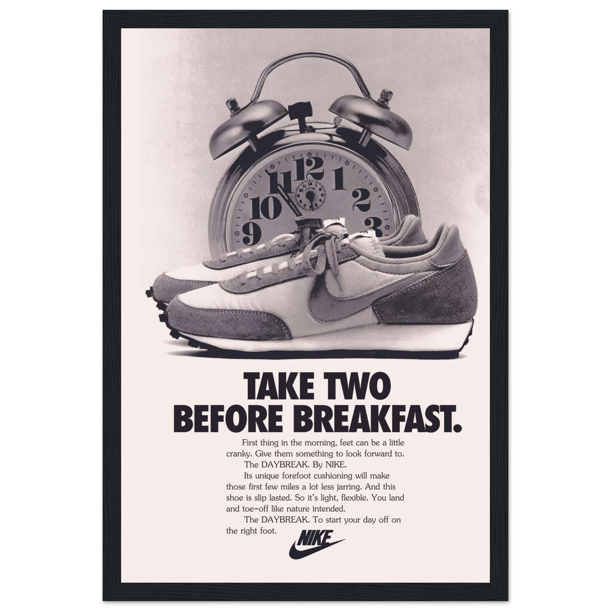 Iconic Nike Daybreak vintage poster, celebrating the classic sneaker from the 70s. Perfect for sneakerheads & retro sportswear fans. Shop now!