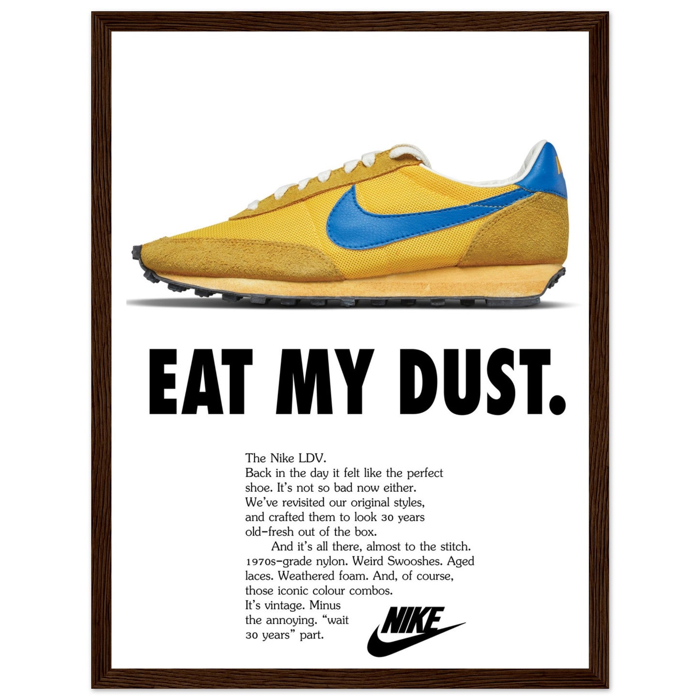 Vintage Nike LDV sneaker poster featuring yellow and blue running shoe with Eat My Dust slogan and retro sports advertising style