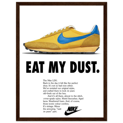 Vintage Nike LDV sneaker poster featuring yellow and blue running shoe with Eat My Dust slogan and retro sports advertising style