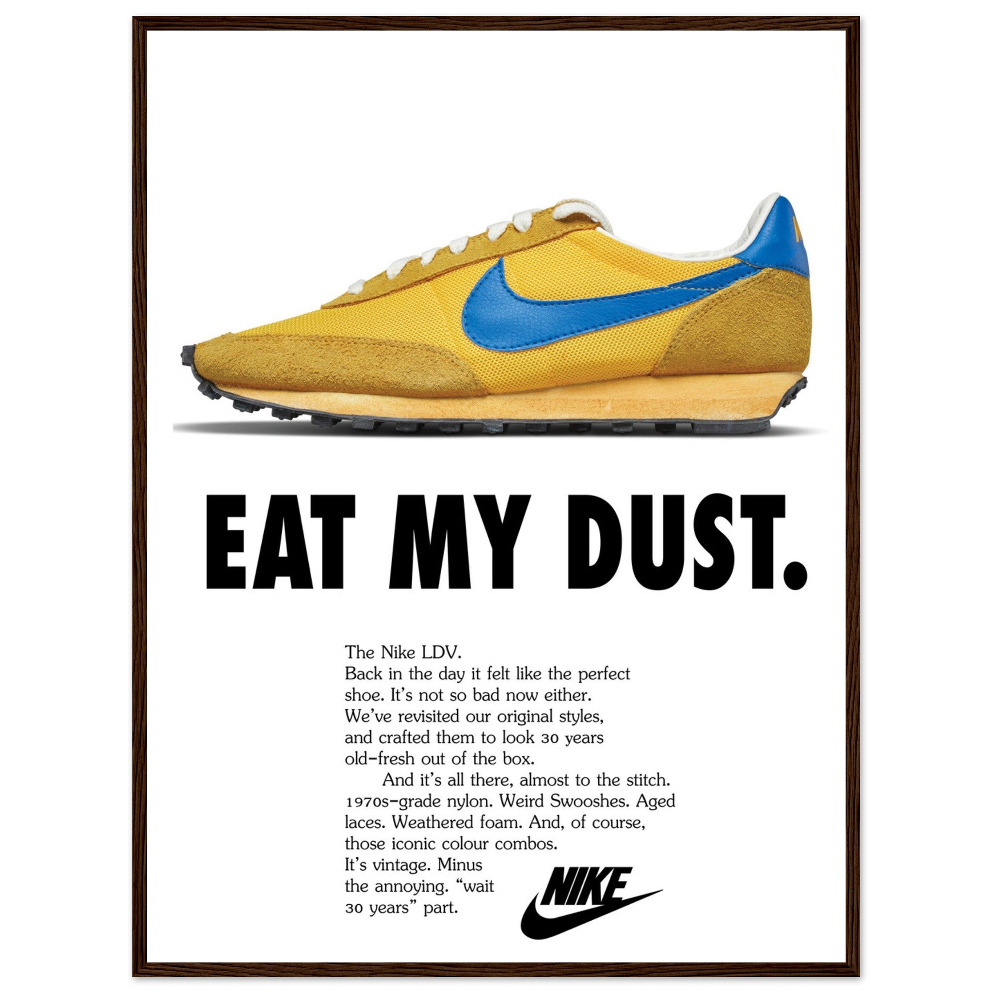 Retro Nike running shoes wall art inspired by 1970s Nike LDV design with bold typography and minimalist background