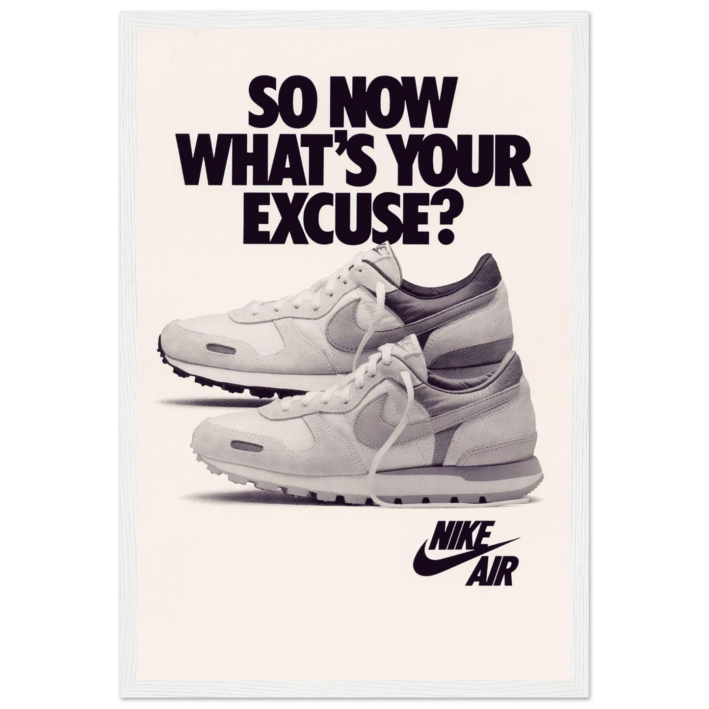 Retro Nike sneaker ad poster featuring vintage running shoes and bold typography — iconic wall art for design lovers.