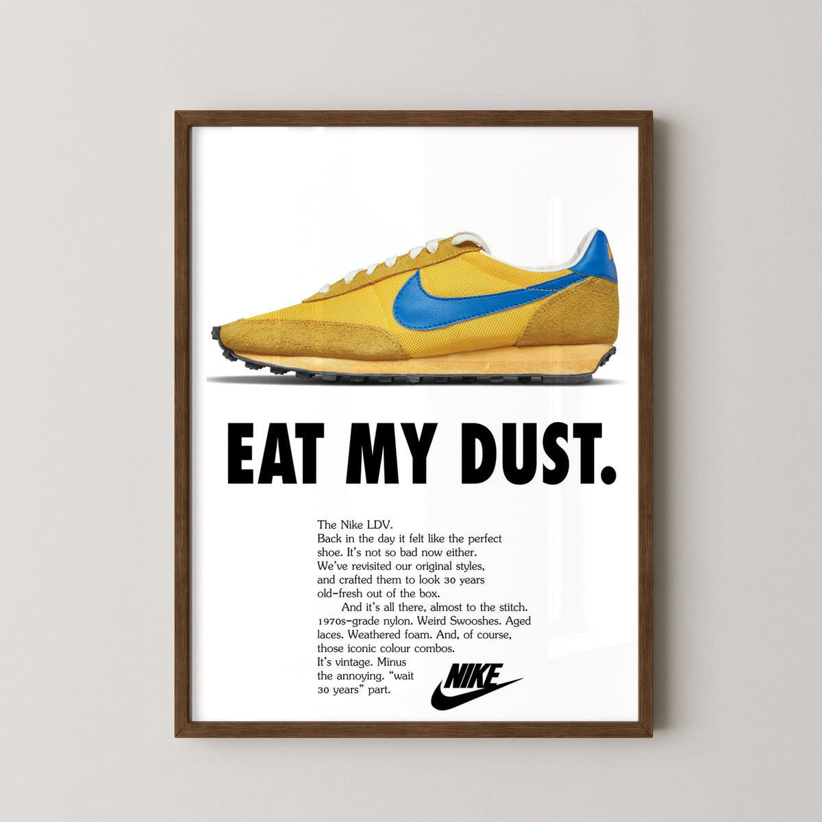 nike vintage ldv sneaker poster print – darkwood frame mockup
