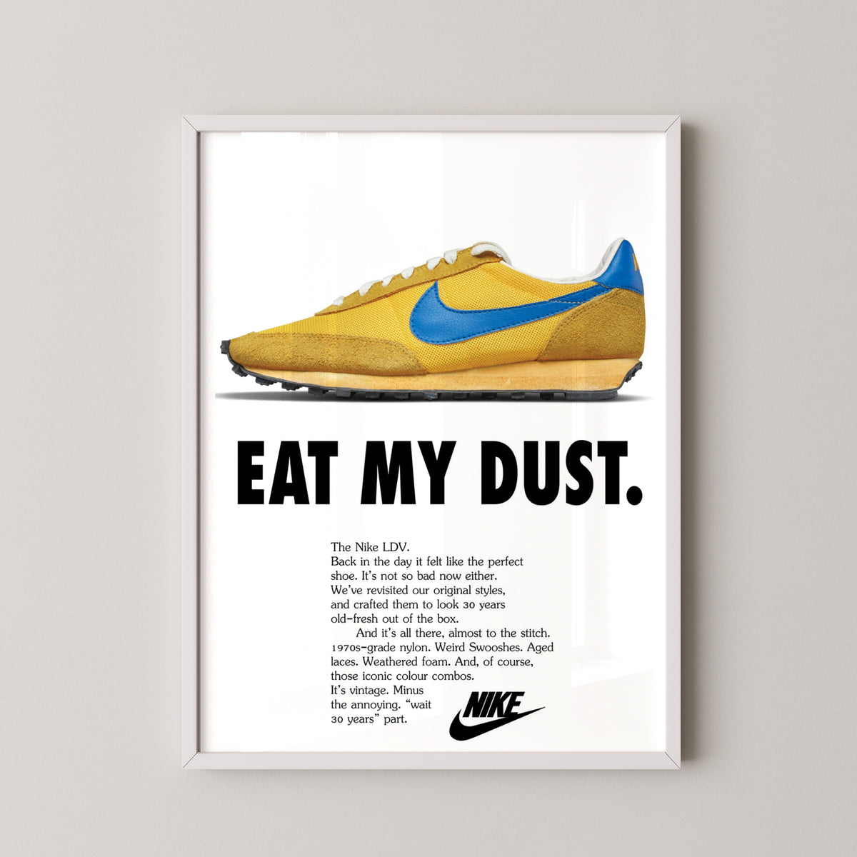 nike vintage ldv sneaker poster print – white frame mockup