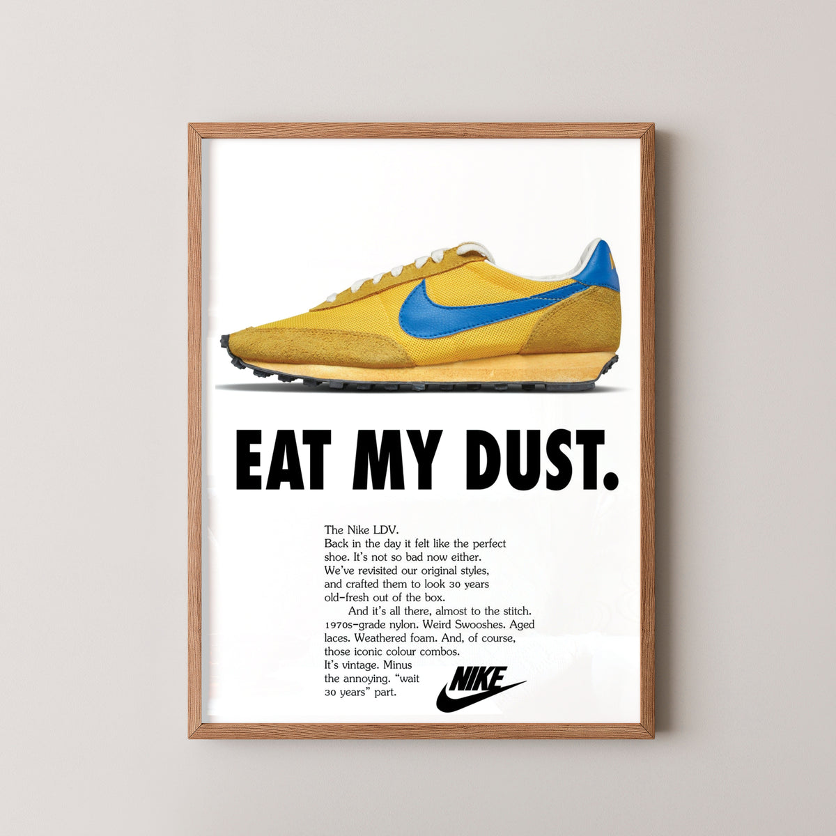 nike vintage ldv sneaker poster print – wood frame mockup