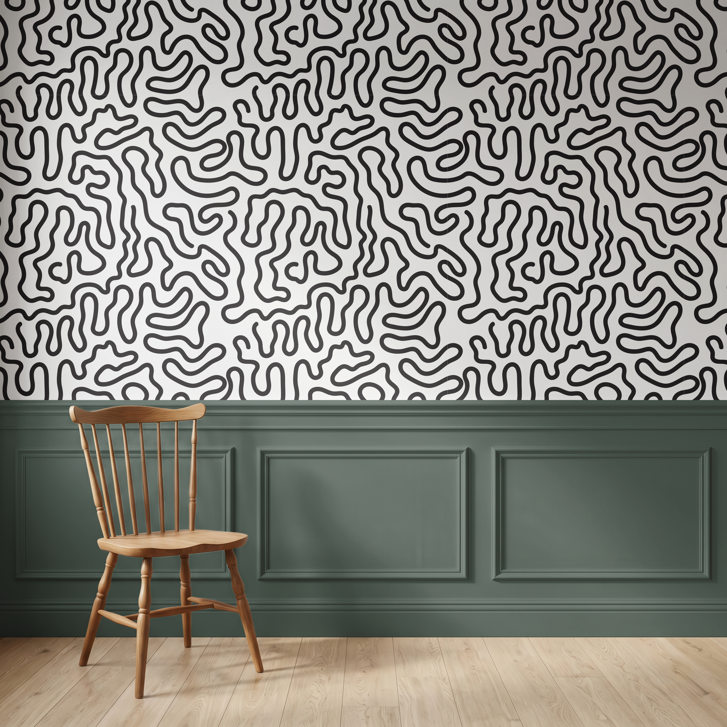 Black and cream line art wallpaper with a wavy organic pattern above wall panelling