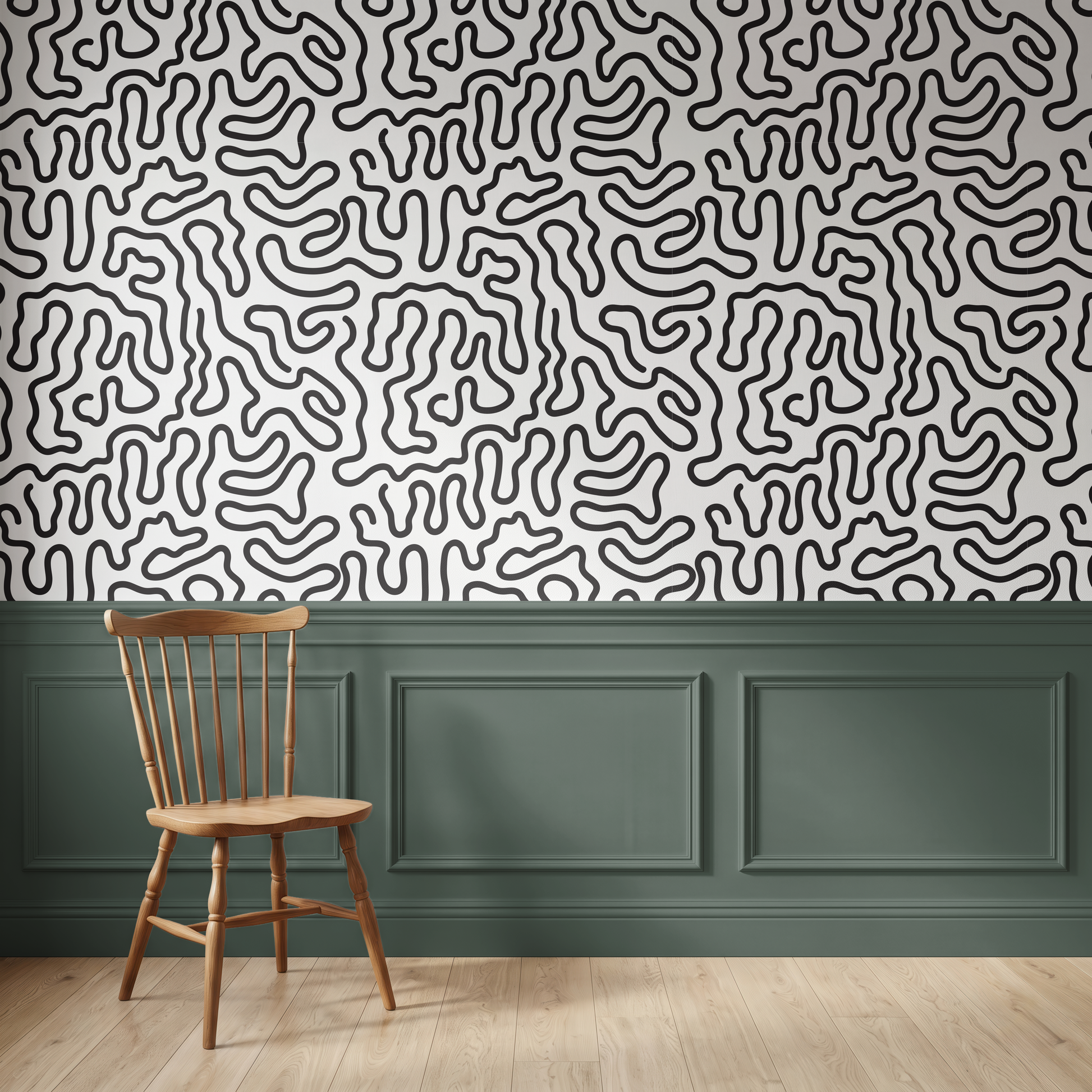 Black and cream line art wallpaper with a wavy organic pattern above wall panelling