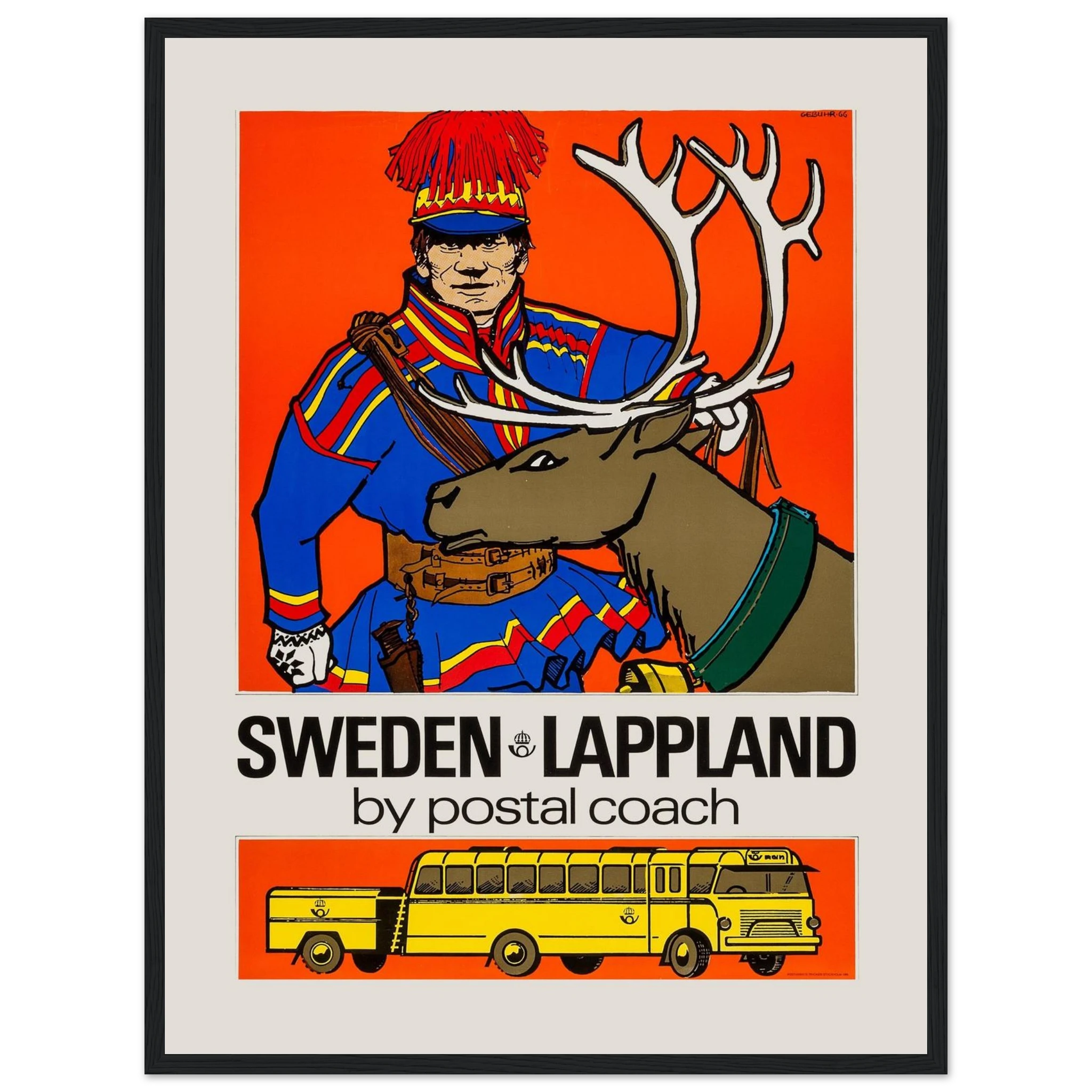Vintage travel poster of Lapland, Sweden, featuring Arctic landscapes and a historic postal journey through the snowy north.