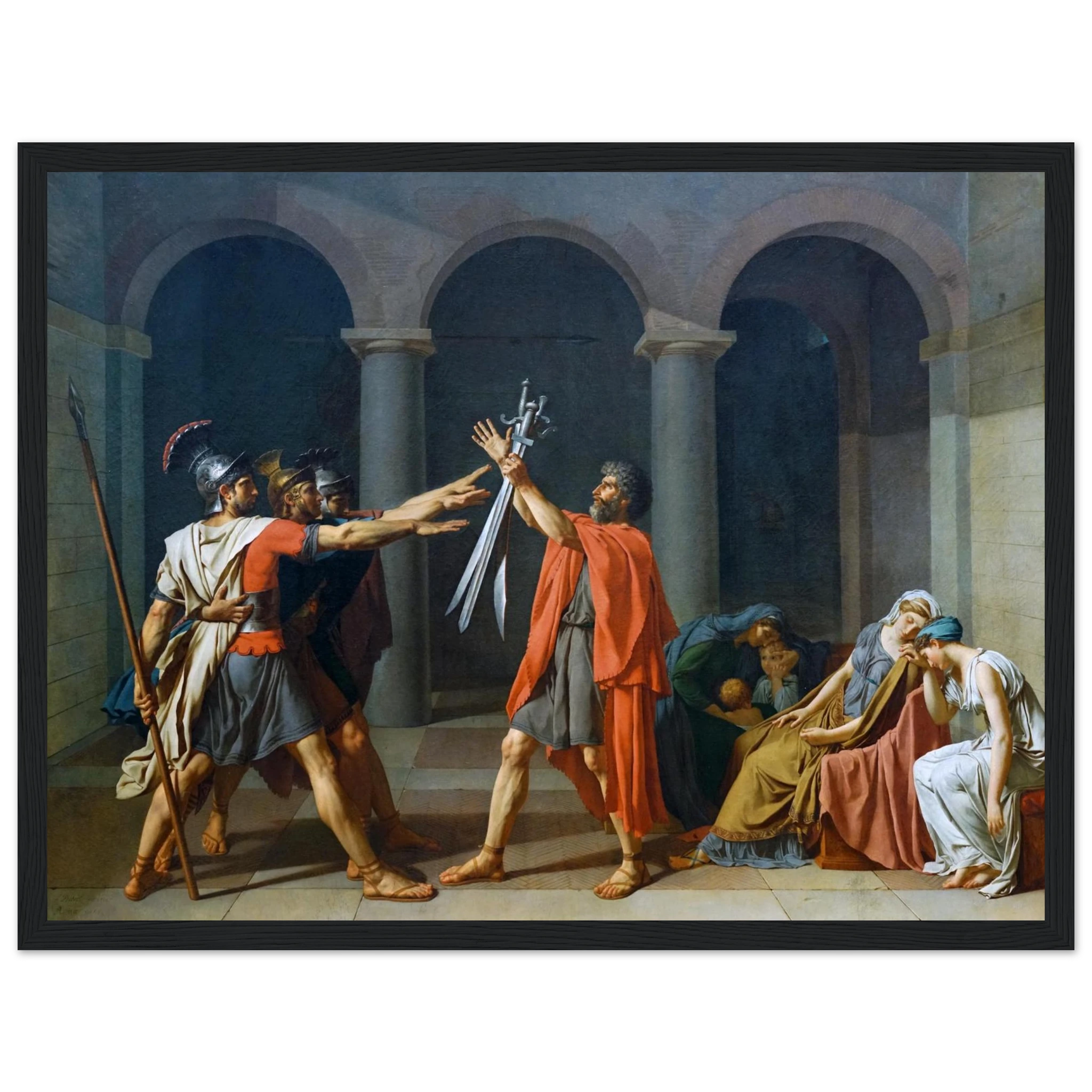 This high-quality reproduction print of Oath of the Horatii (1784) by Jacques-Louis David is a masterpiece of Neoclassical art and a symbol of patriotism and duty. The painting depicts three brothers swearing loyalty to Rome before their father, captured with David’s signature clarity of form, dramatic lighting, and powerful composition. Printed on archival-grade paper using museum-quality giclée printing, this poster print makes a striking piece of wall art for classic interiors, history lovers, or anyone 