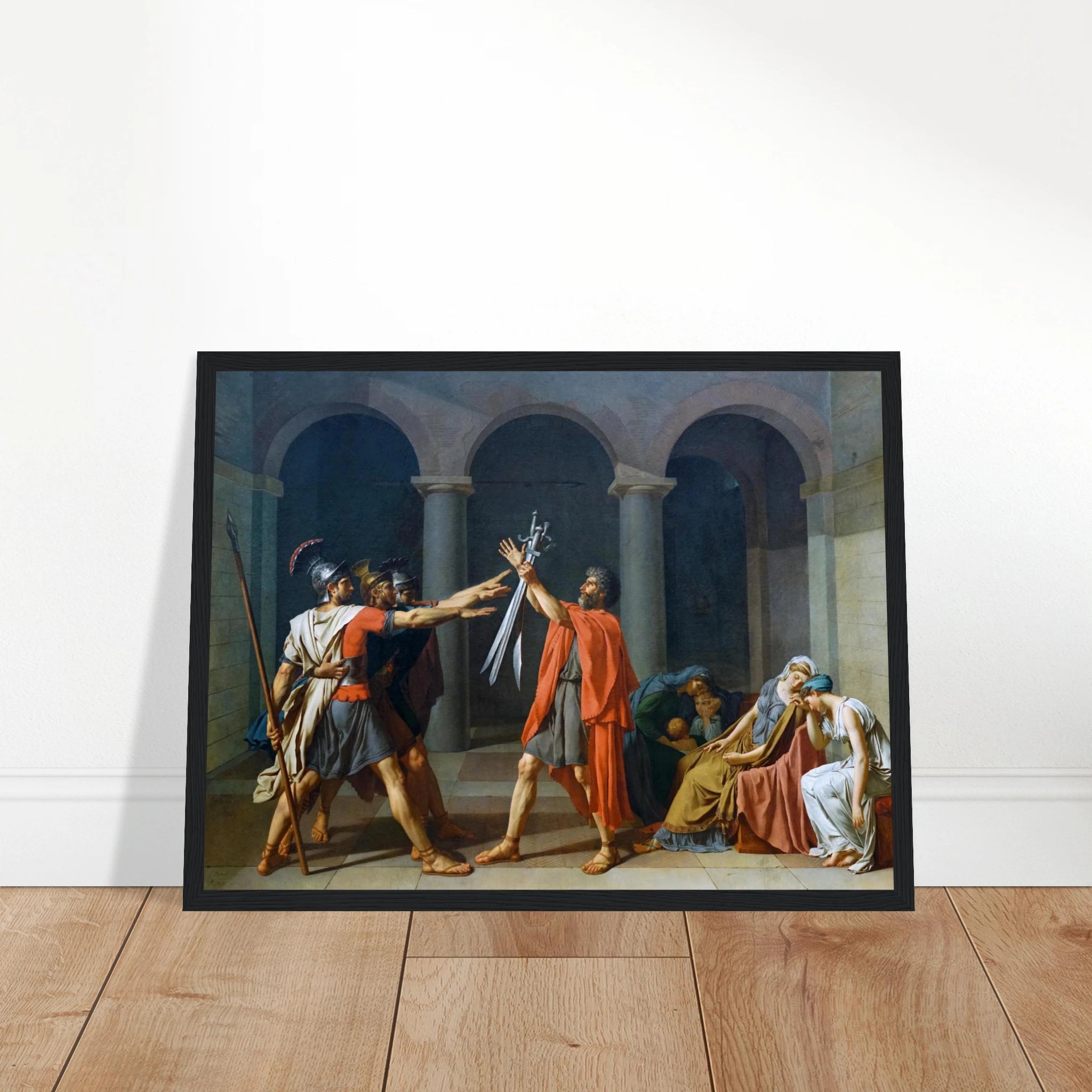 This high-quality reproduction print of Oath of the Horatii (1784) by Jacques-Louis David is a masterpiece of Neoclassical art and a symbol of patriotism and duty. The painting depicts three brothers swearing loyalty to Rome before their father, captured with David’s signature clarity of form, dramatic lighting, and powerful composition. Printed on archival-grade paper using museum-quality giclée printing, this poster print makes a striking piece of wall art for classic interiors, history lovers, or anyone 