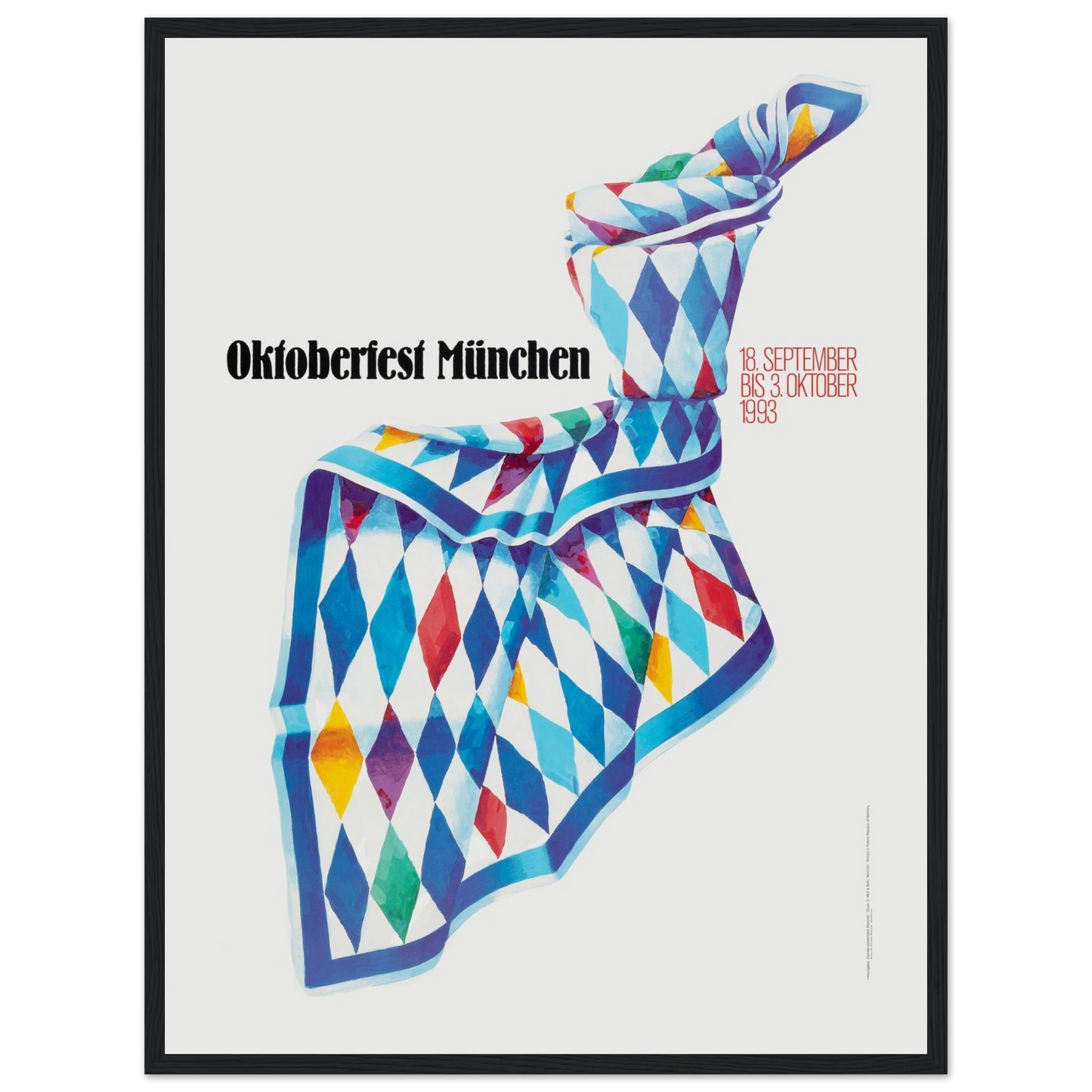Authentic 1993 Munich Oktoberfest vintage poster featuring Bavarian beer steins, folk costumes, and festive German heritage artwork.