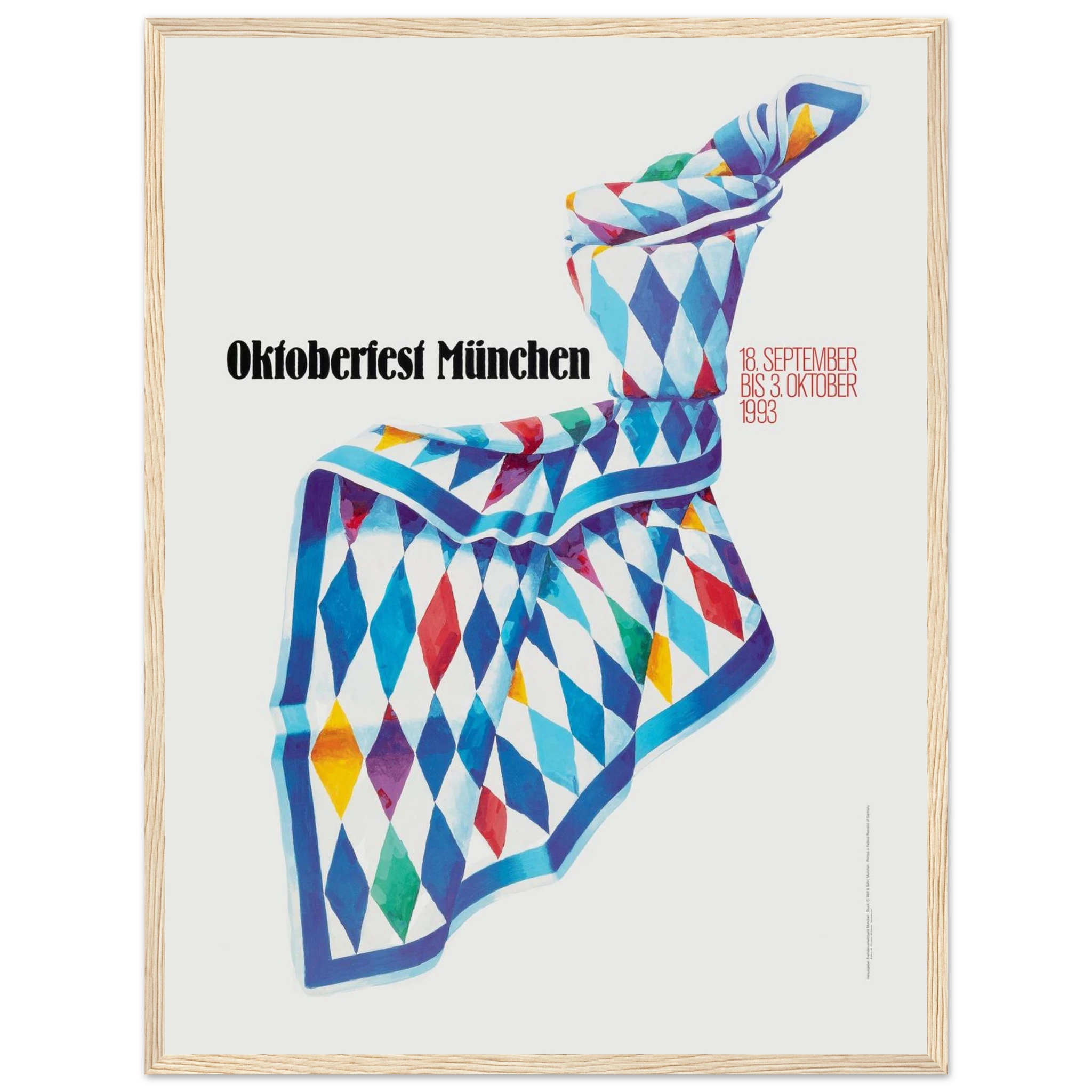 Vintage Oktoberfest wall art poster from 1993, perfect for home bars, pubs, or collectors of European beer memorabilia.