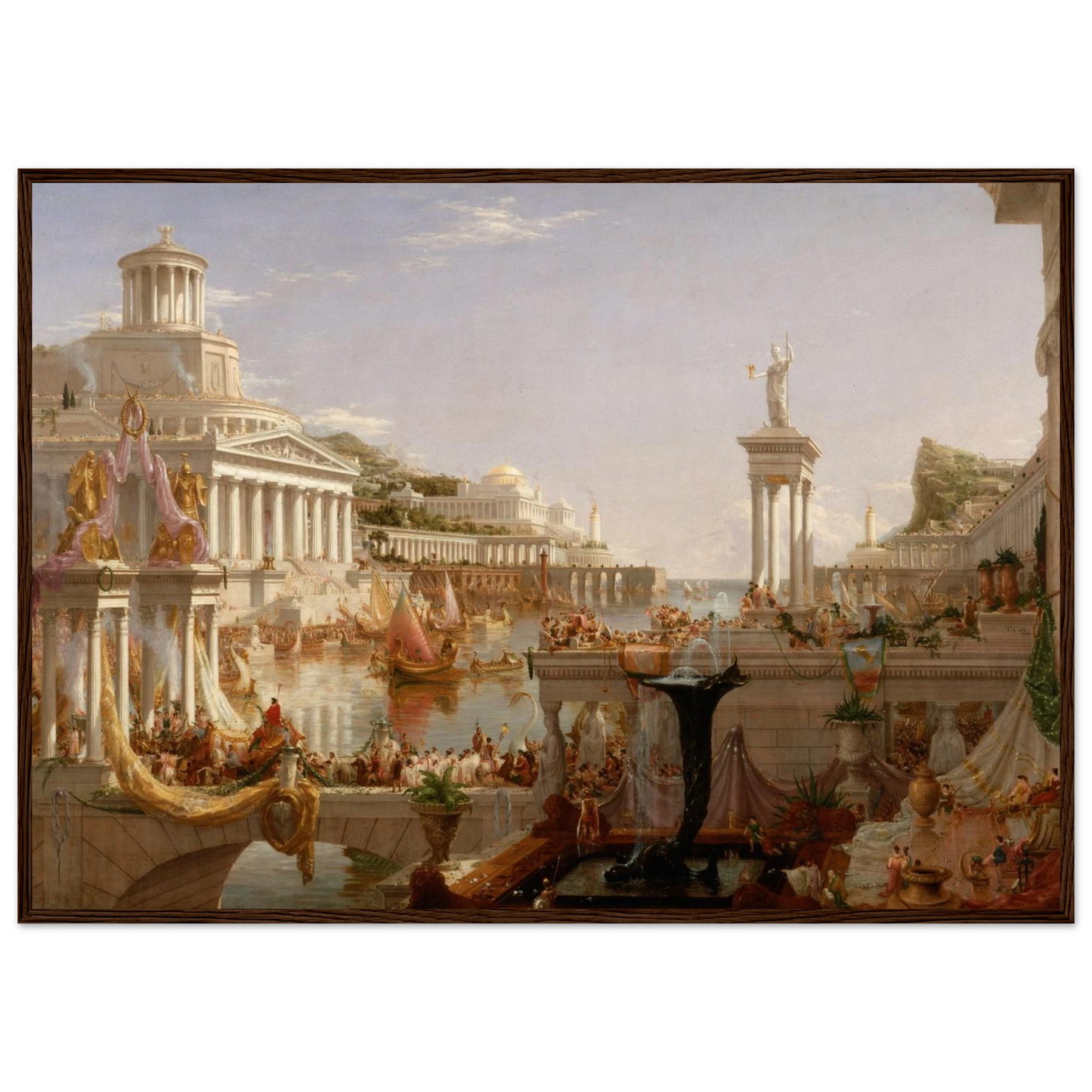 High-quality reproduction of The Consummation of Empire (1836) by Thomas Cole, a majestic allegorical painting showing civilization at its peak