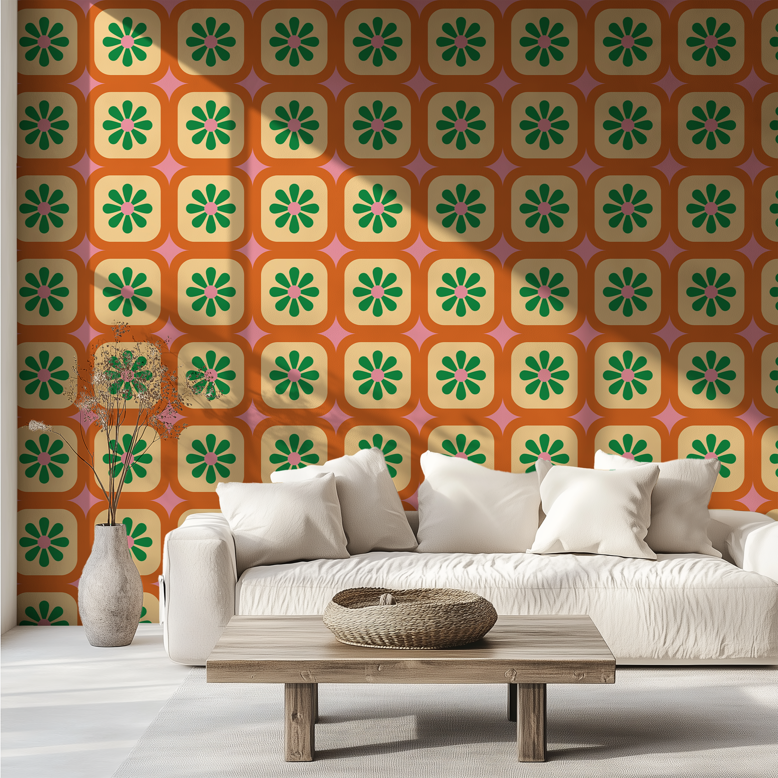 Orange retro wallpaper featuring stylised floral tile motifs for colourful interiors.