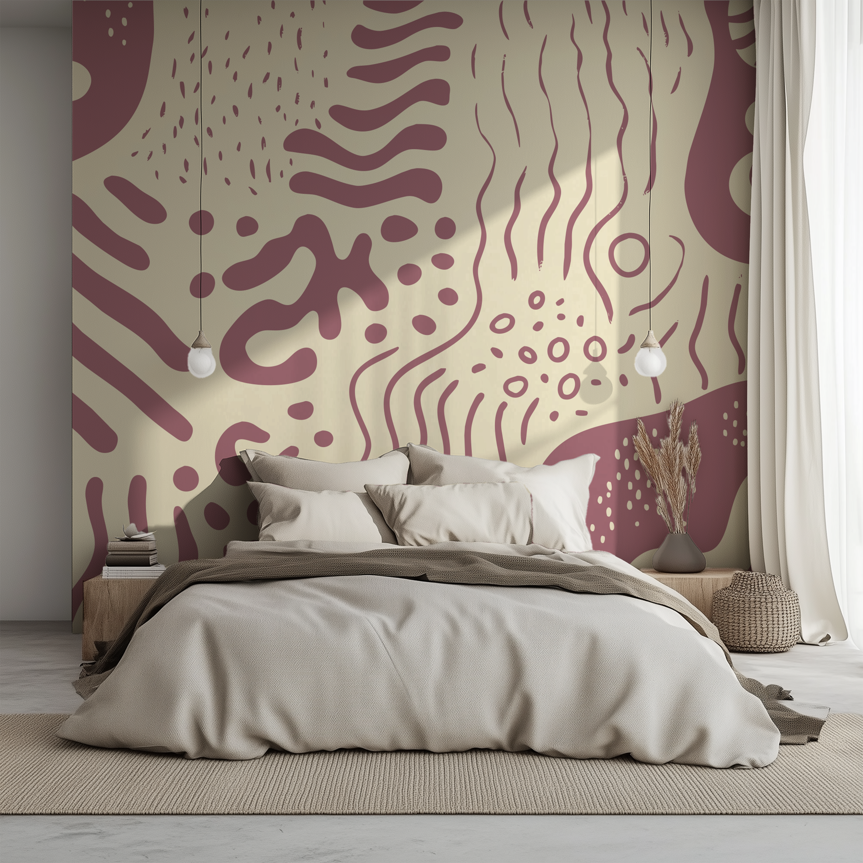 A styled bedroom interior featuring a large abstract wallpaper with flowing maroon and cream organic shapes behind a neatly made bed. The room includes beige bedding, matching bedside tables, pendant lights, a woven basket, and a curtain by a window.