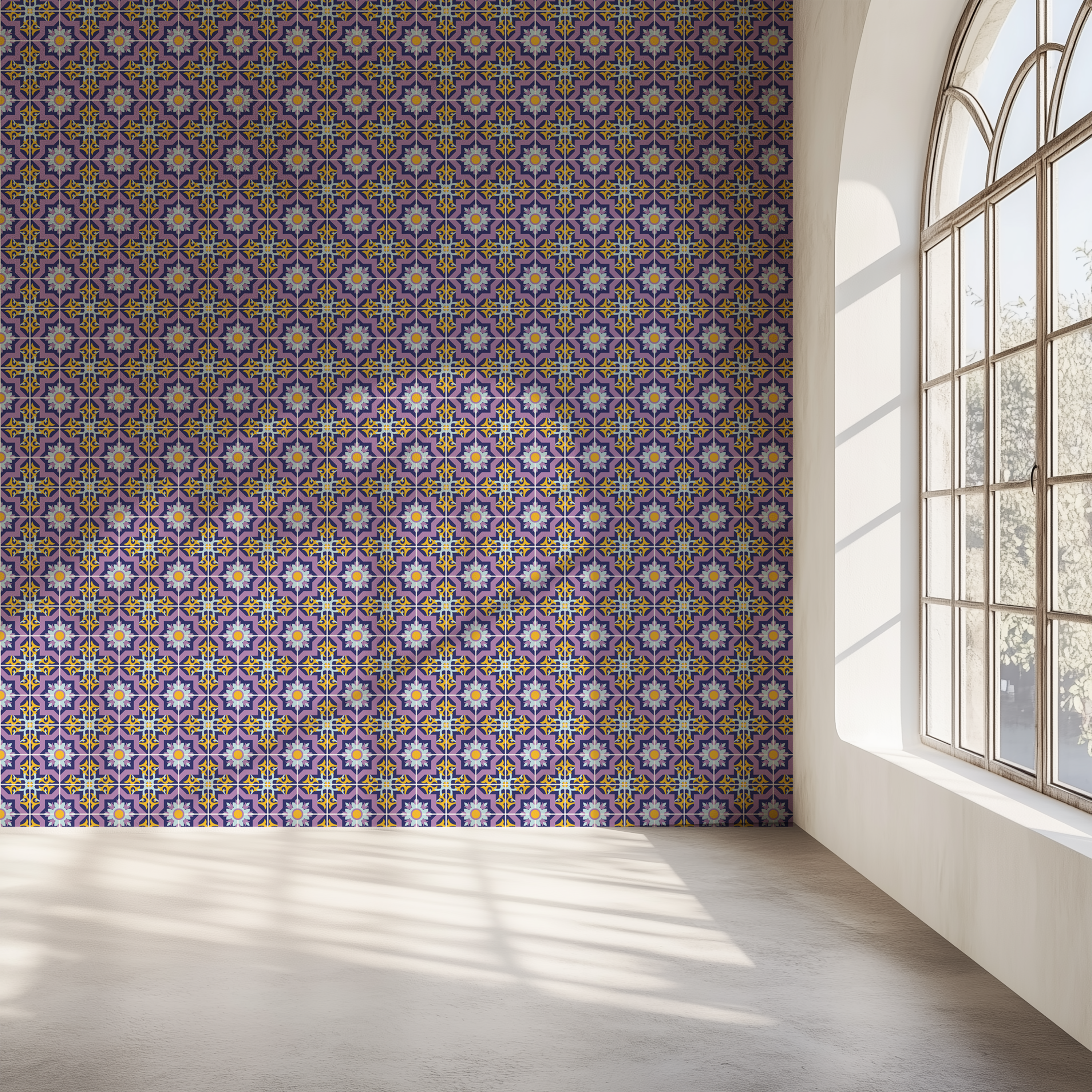 Ornamental mosaic wallpaper, Moroccan geometric wallpaper, luxury wall decor, purple patterned wallpaper, non woven wallpaper
