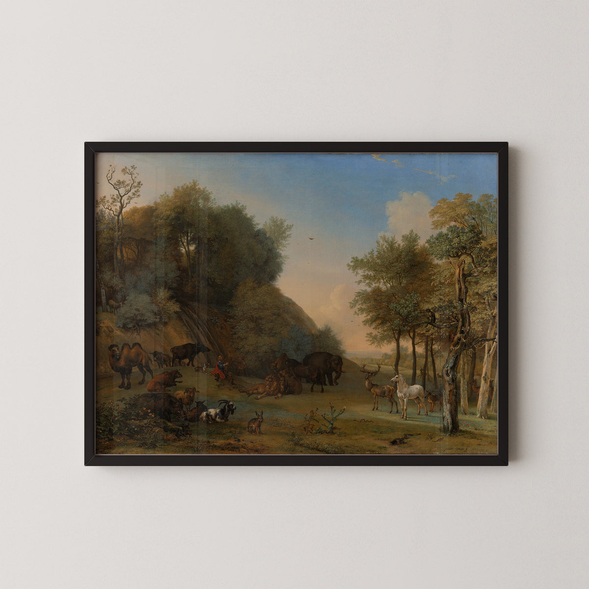 Orpheus charming the beasts by Paulus Potter, art print in a black frame