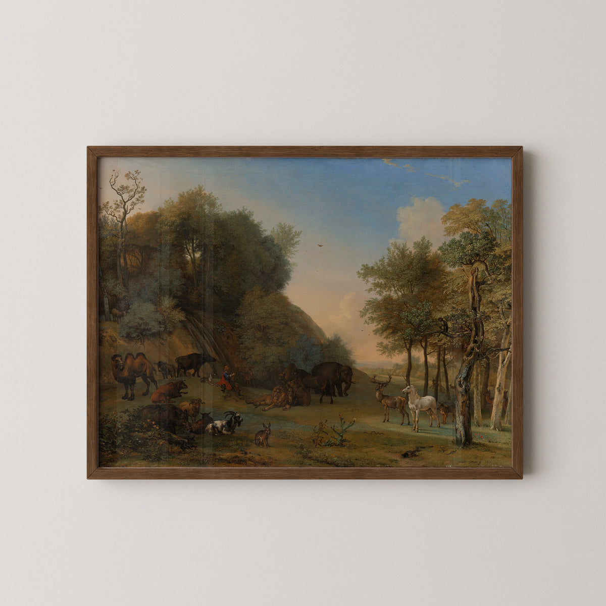 Orpheus charming the beasts by Paulus Potter, art print in a dark wood frame