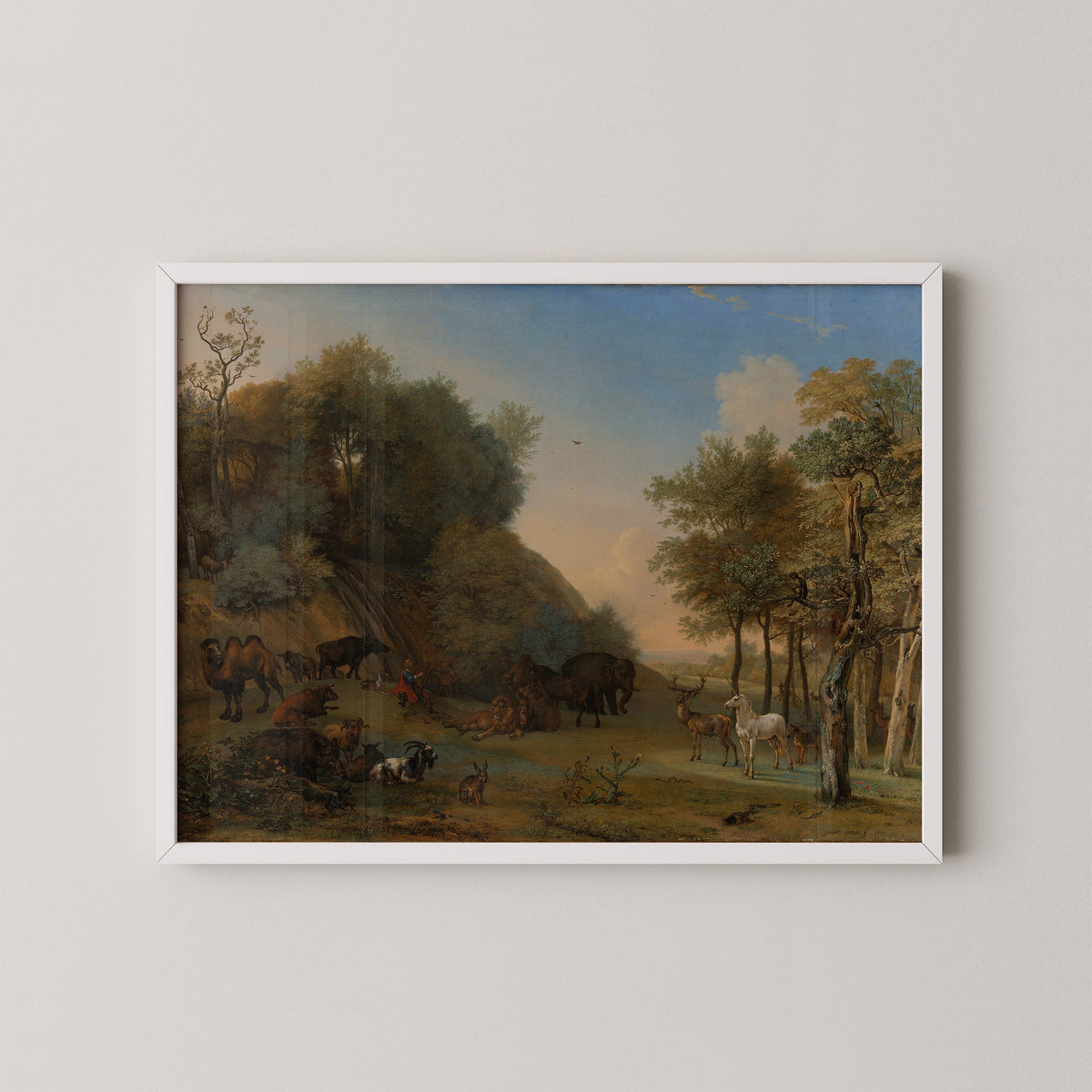 Orpheus charming the beasts by Paulus Potter, art print in a white frame