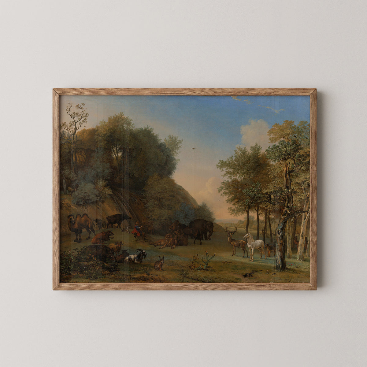 Orpheus charming the beasts by Paulus Potter, art print in a natural wood frame
