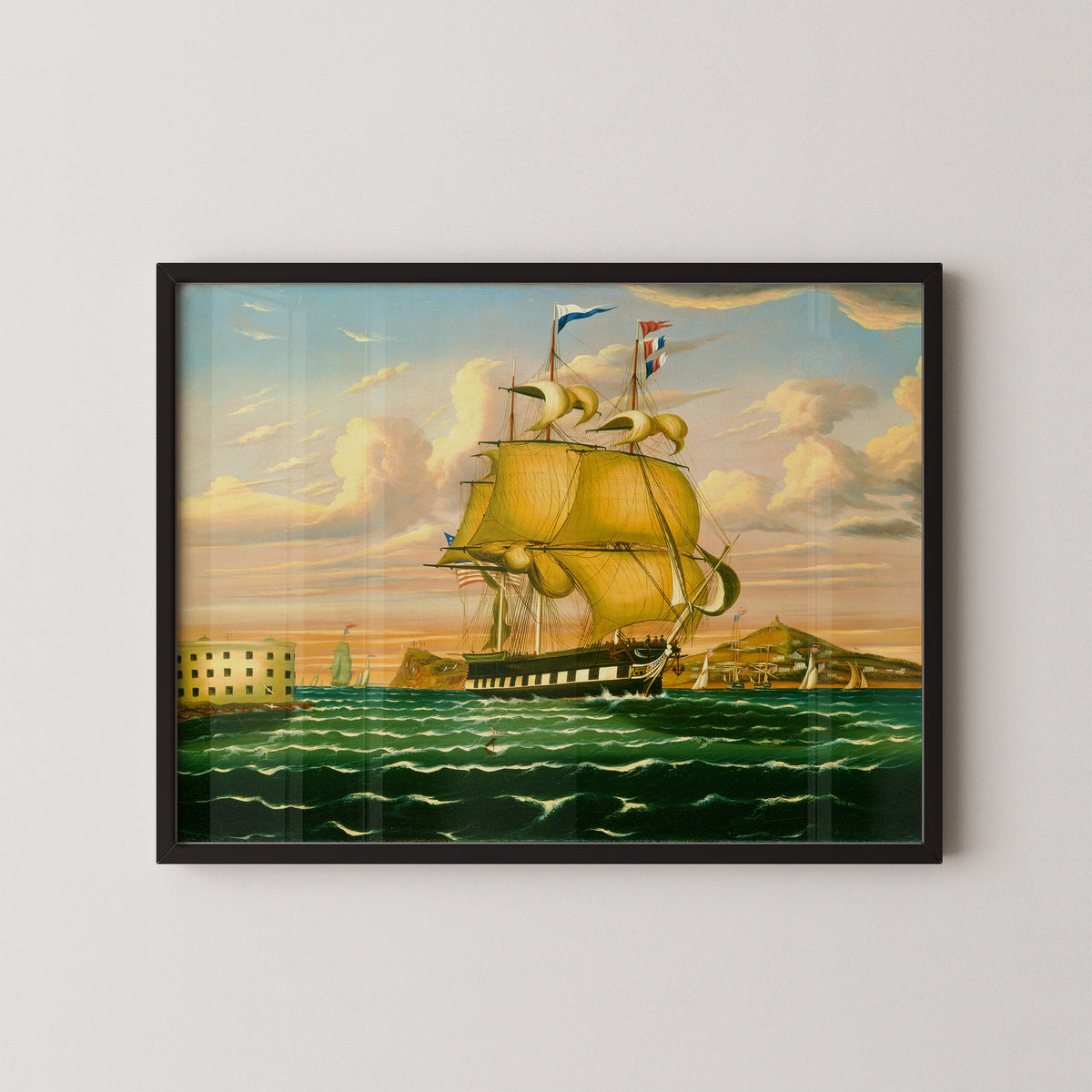 Packet Ship Passing Castle Williams, New York Harbor by Thomas Chambers, art print in a black frame