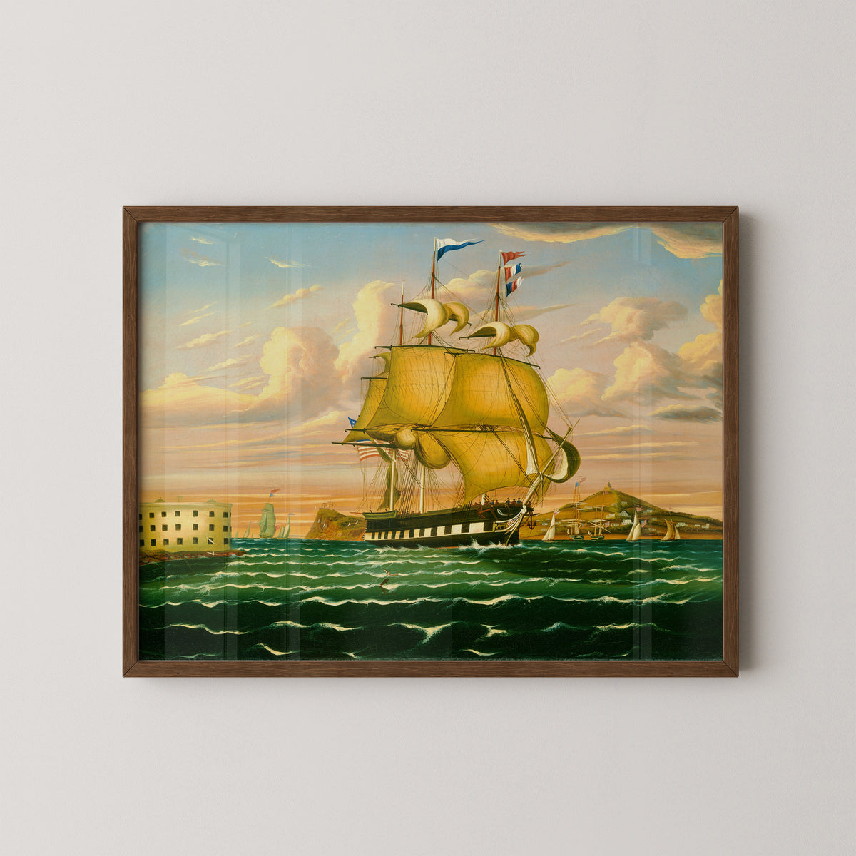 Thomas Chambers's Castle Williams packet ship art print, shown in a dark wood frame