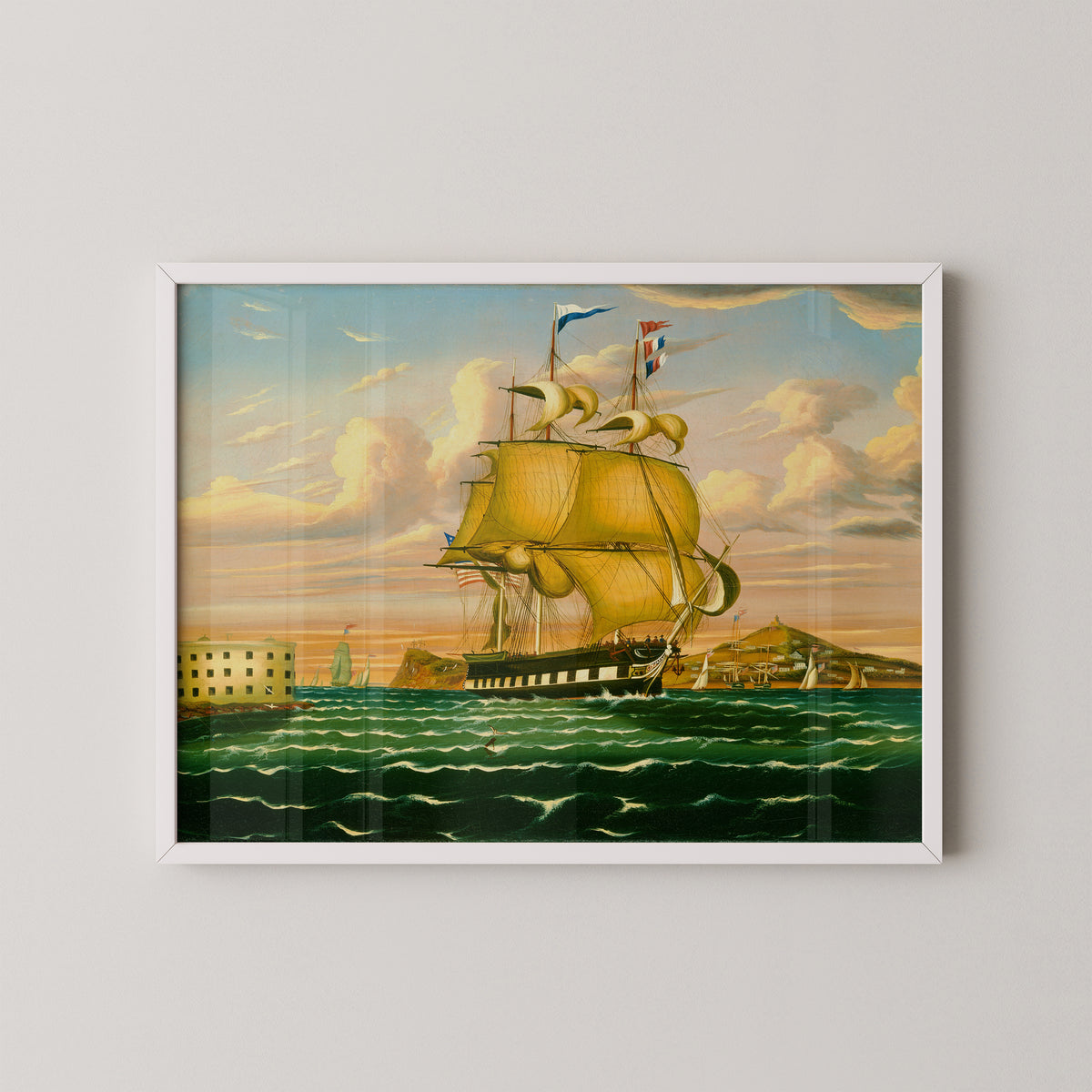 White-framed Packet Ship Passing Castle Williams print by Thomas Chambers, a historical New York harbor scene