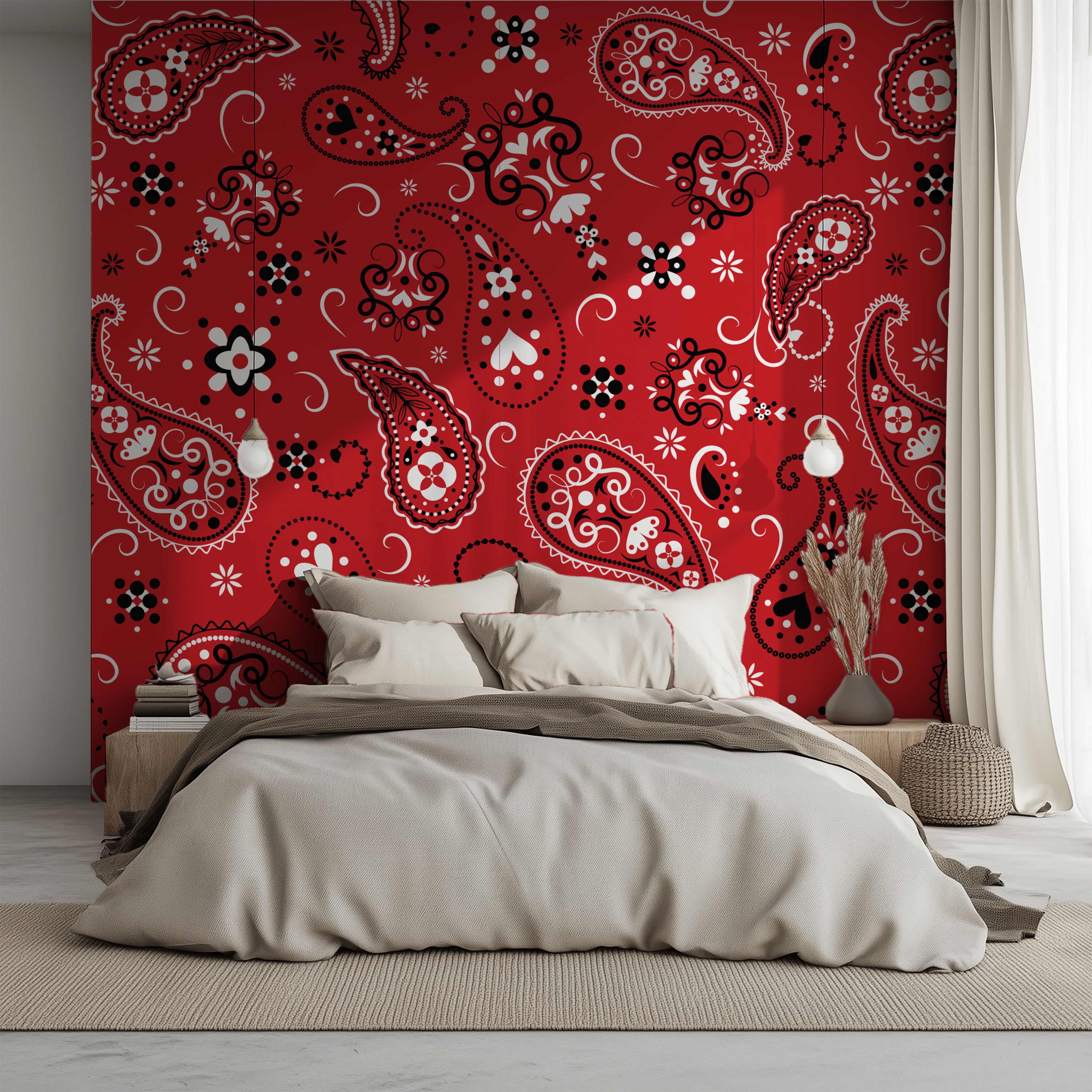Paisley Crimson Red Bandana Wallpaper featured behind a modern bed with soft neutral bedding.