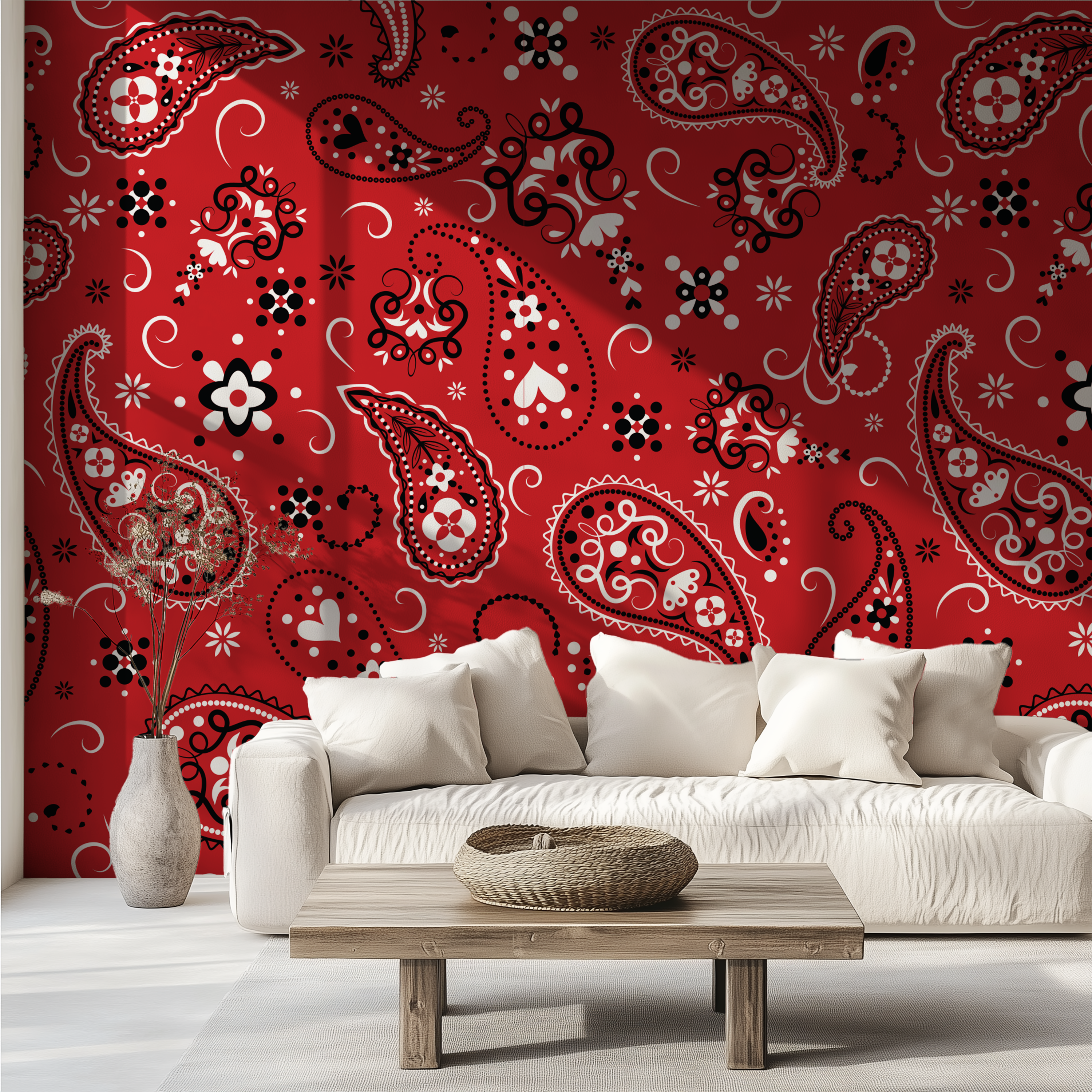 Paisley Crimson Red Bandana Wallpaper paired with a contemporary white sofa and natural wood coffee table.