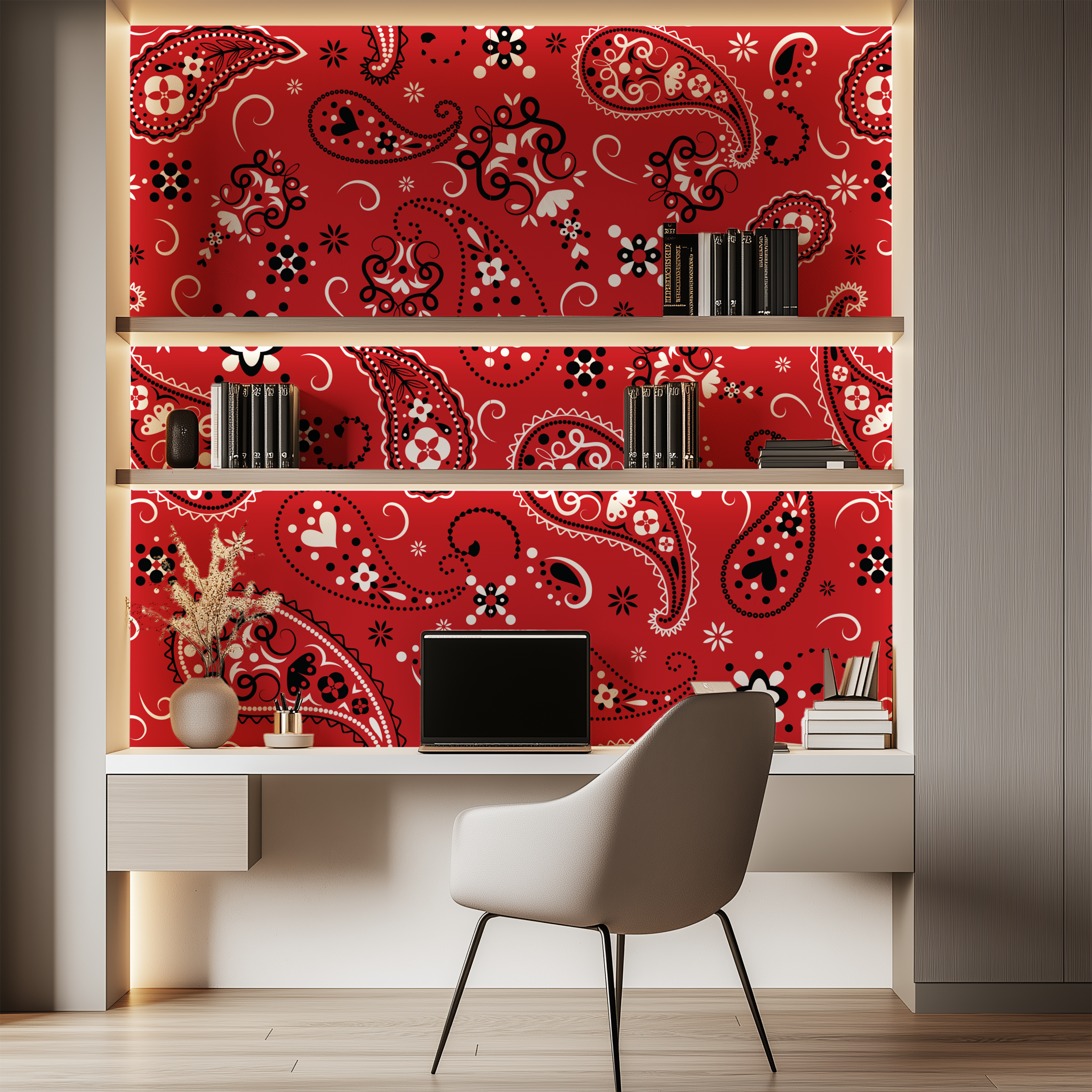 Paisley Crimson Red Bandana Wallpaper creating an elegant backdrop in a contemporary home office with illuminated shelving.