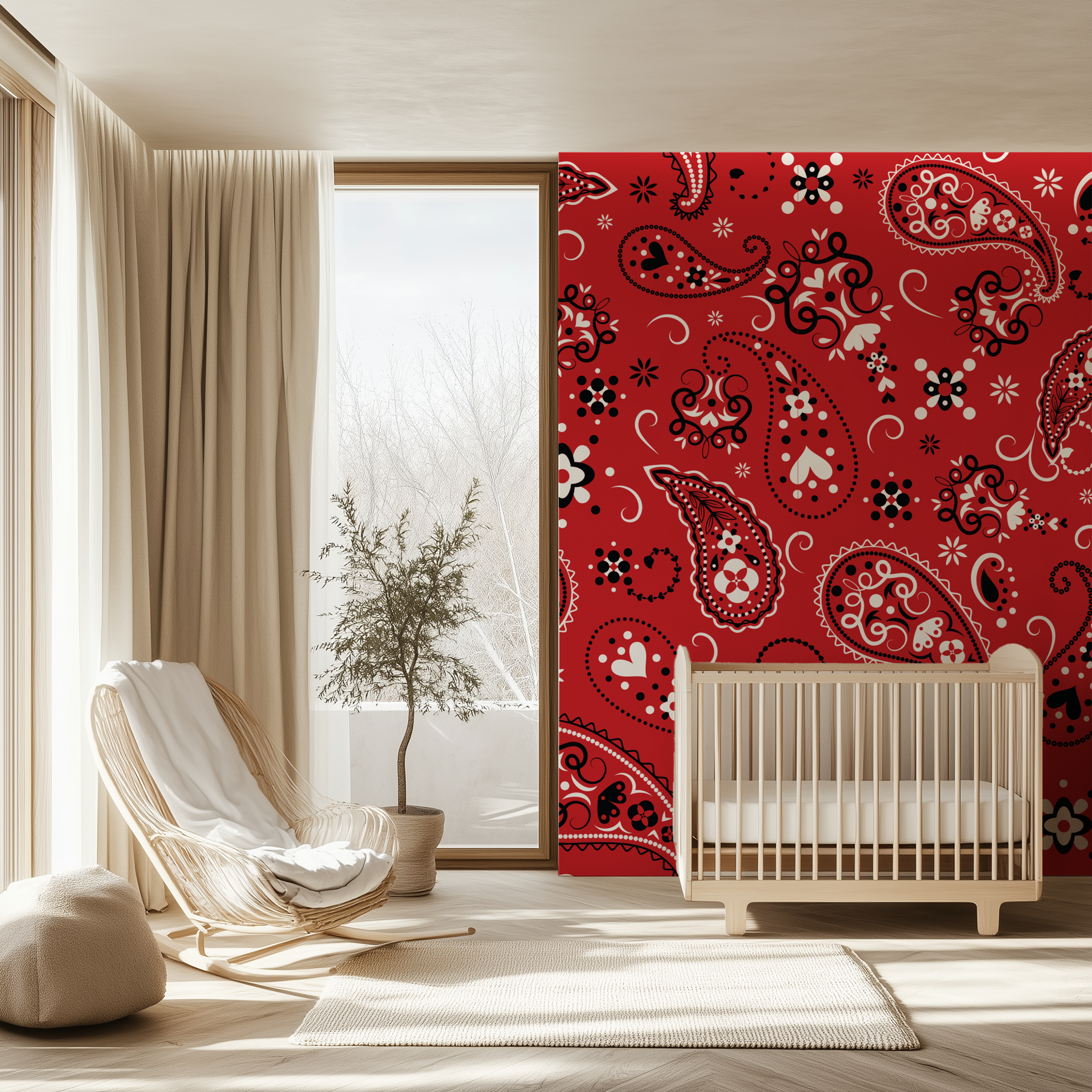 Paisley Crimson Red Bandana Wallpaper decorating a bright nursery with natural wood furniture.