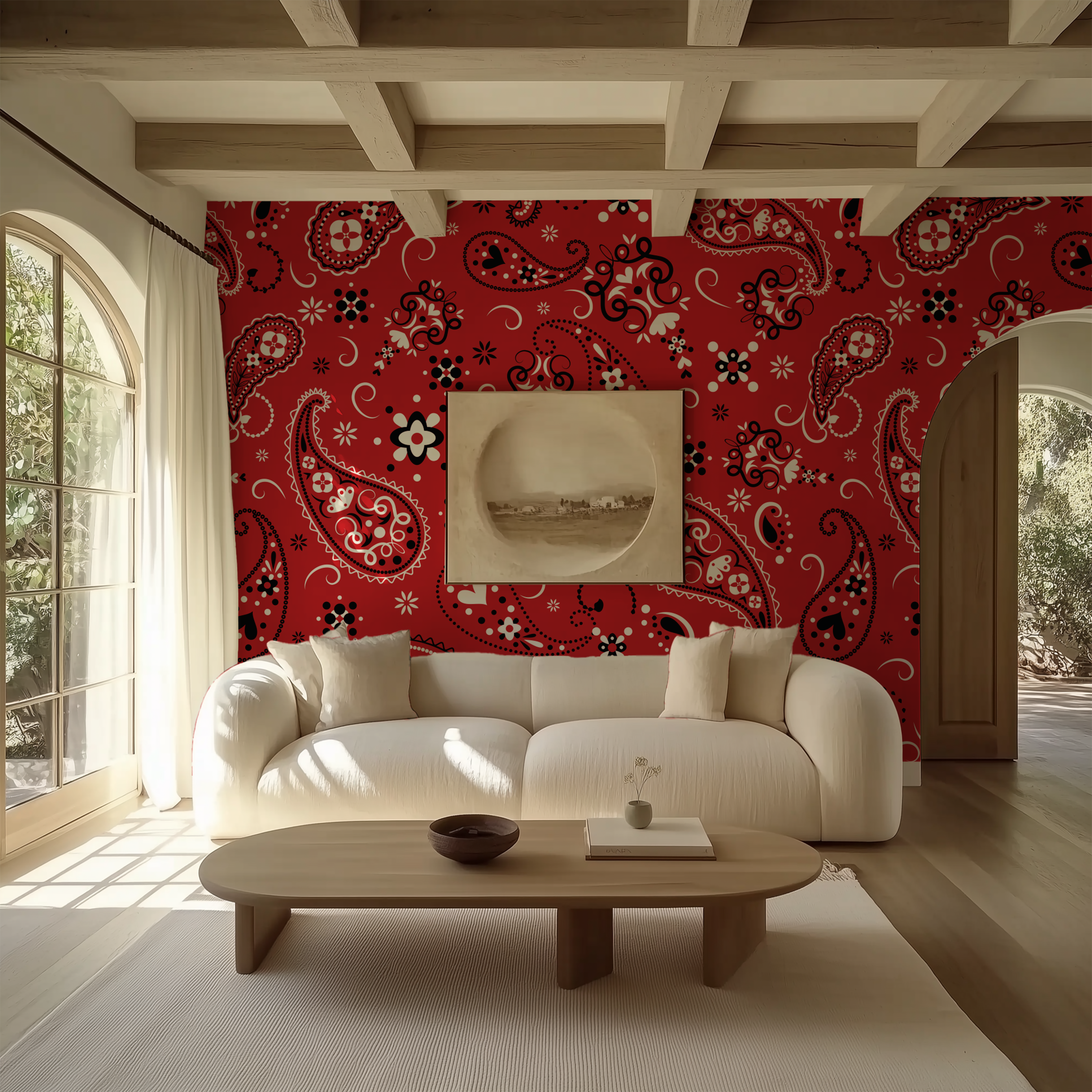 Paisley Crimson Red Bandana Wallpaper behind a curved white sofa in an elegant organic modern living room.
