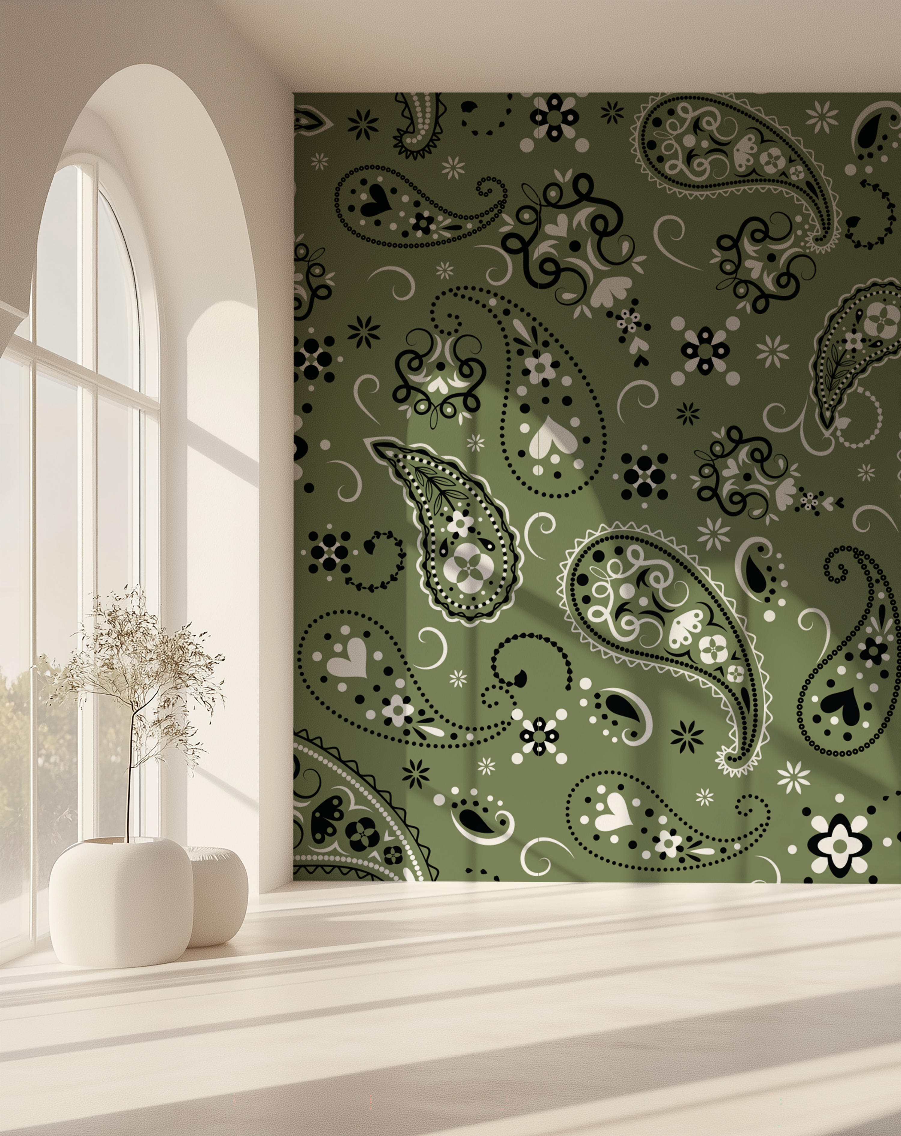 Paisley Olive Green Bandana Wallpaper displayed as a sunlit feature wall beside a large arched window.