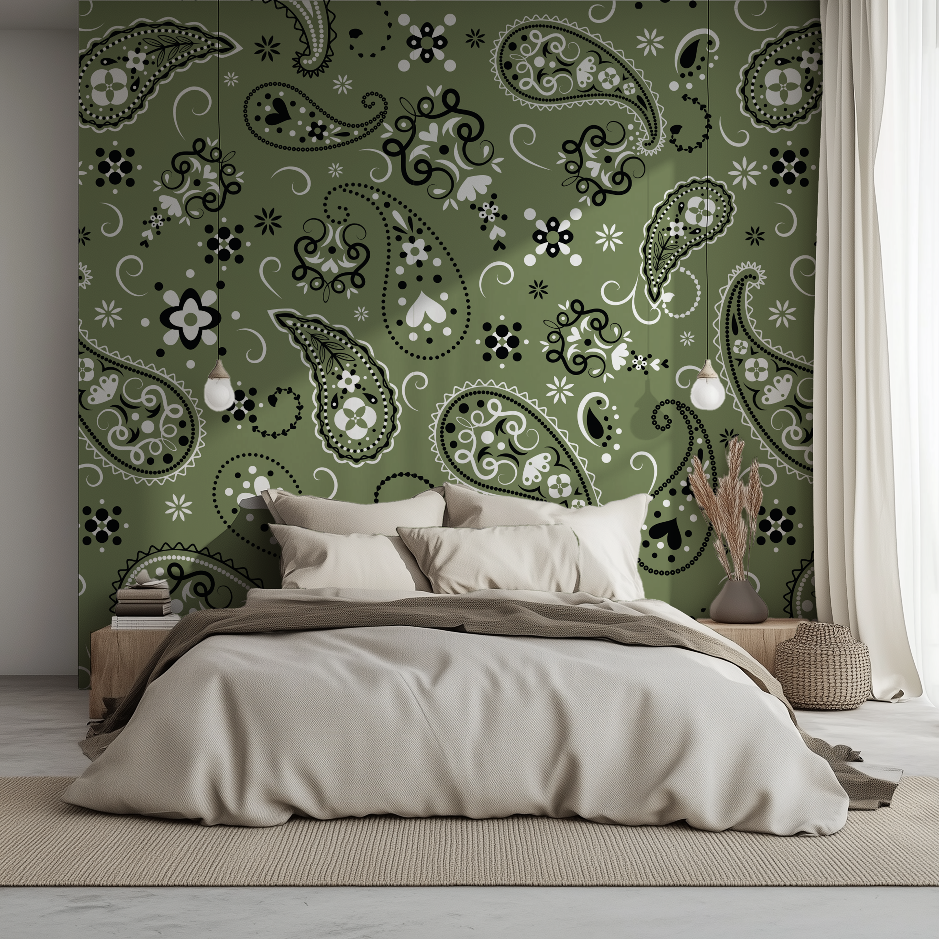 Paisley Olive Green Bandana Wallpaper creating a detailed statement wall in a modern neutral bedroom.