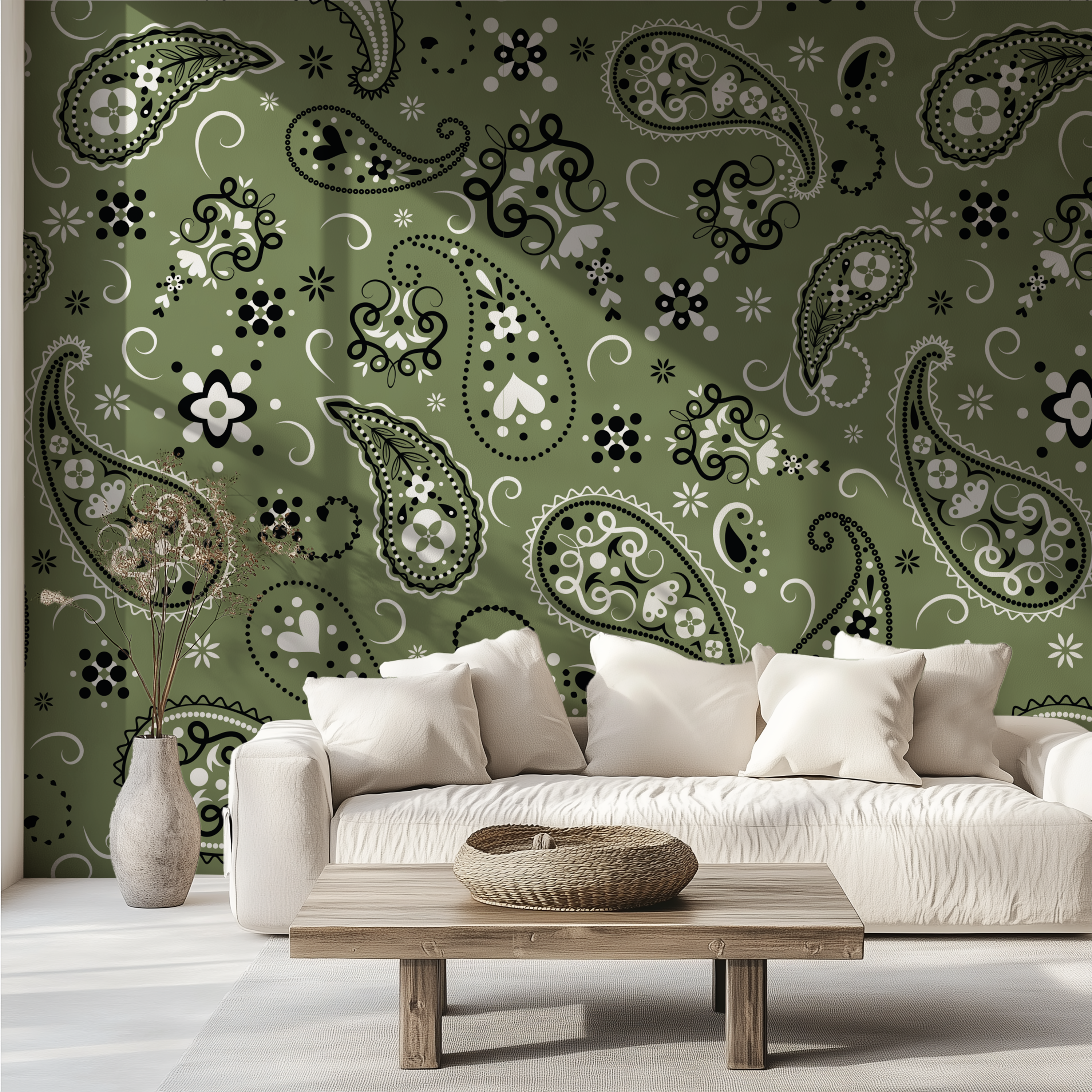Paisley Olive Green Bandana Wallpaper paired with a white sofa and natural wood furniture in a bright living space.