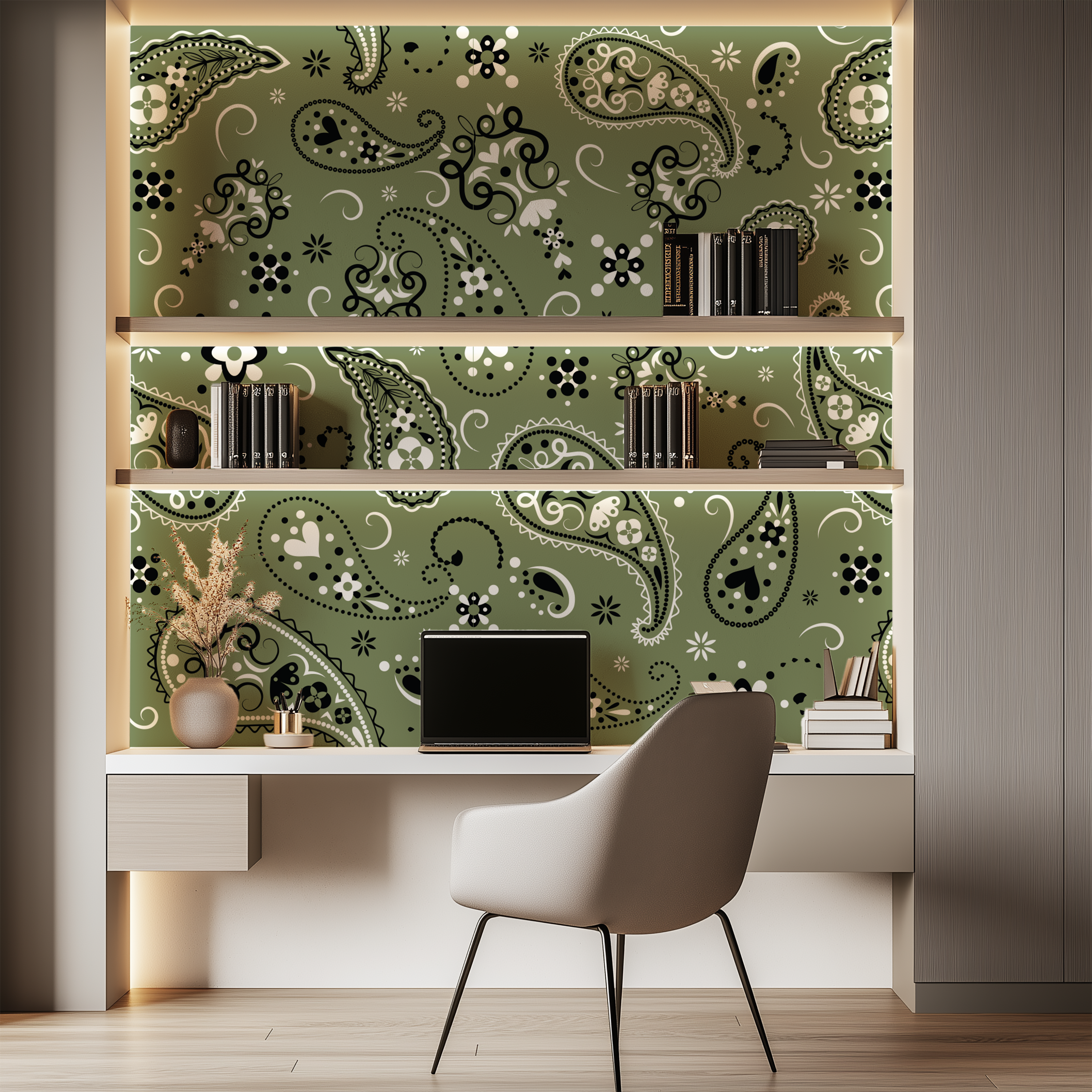 Paisley Olive Green Bandana Wallpaper behind a contemporary home office desk with illuminated shelving.