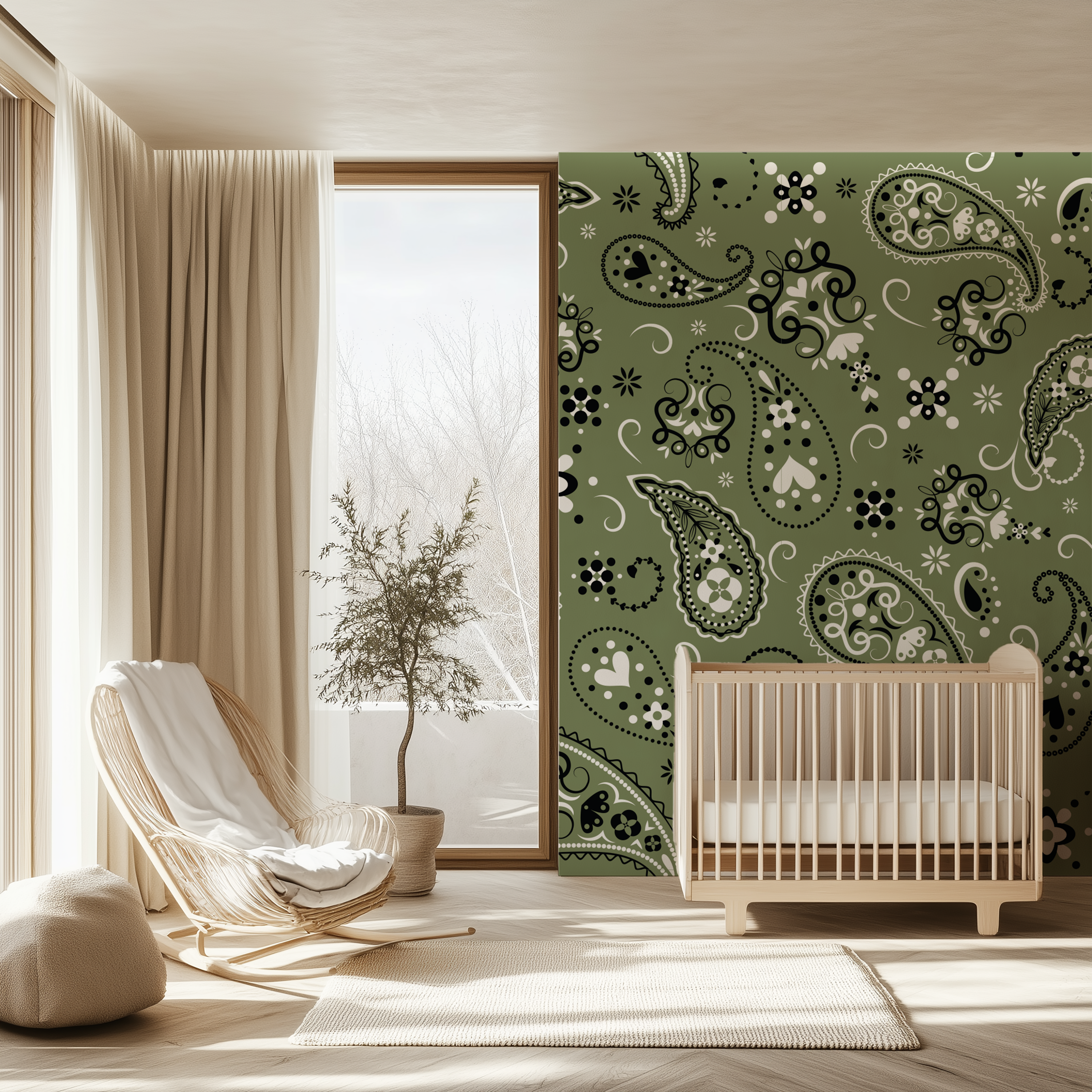 Paisley Olive Green Bandana Wallpaper styled in a bright nursery with a wooden cot and natural textures.