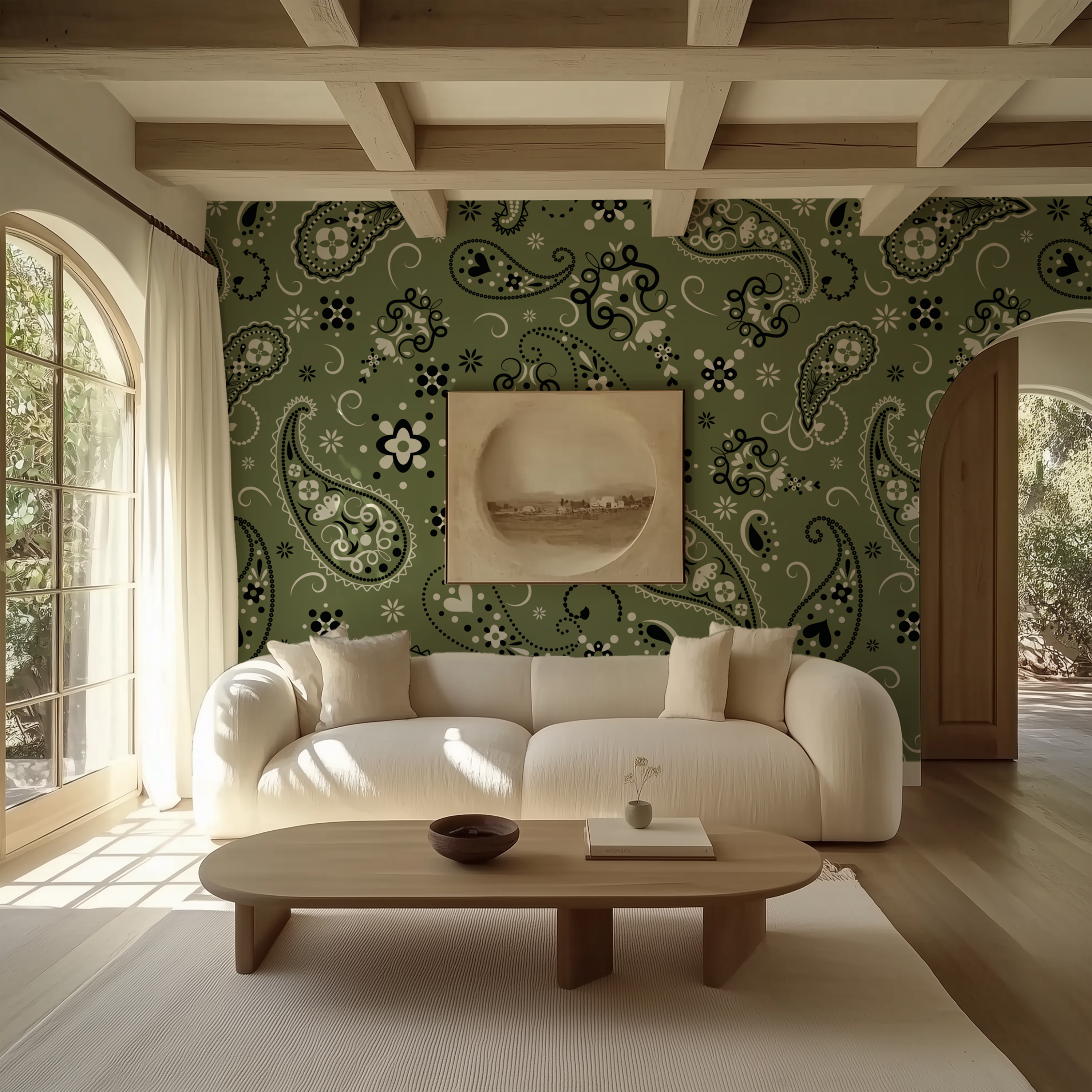 Paisley Olive Green Bandana Wallpaper behind a curved white sofa in a warm organic modern living room.